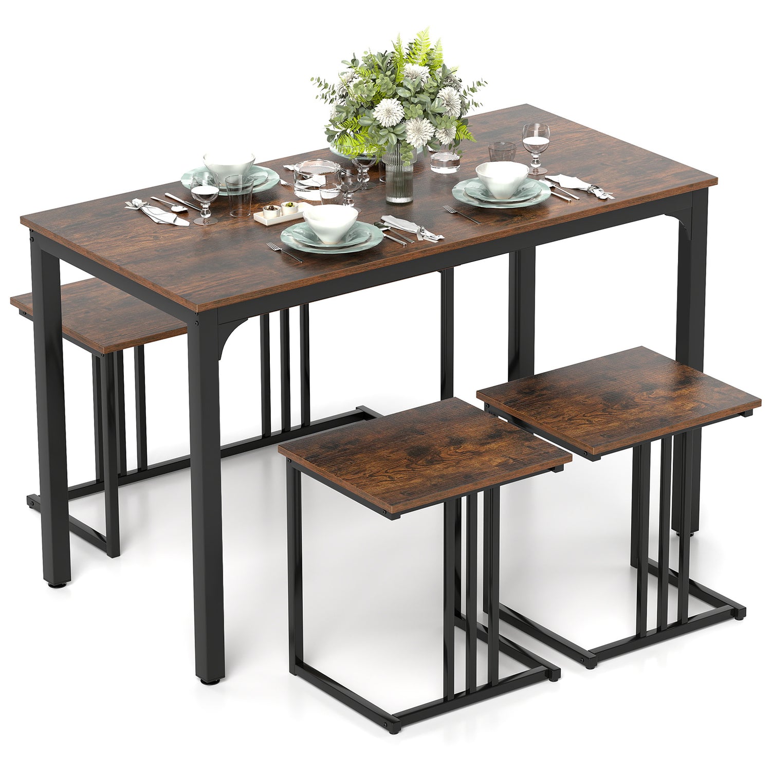 4 Pieces Industrial Dining Table Set with Bench and 2 Stools
