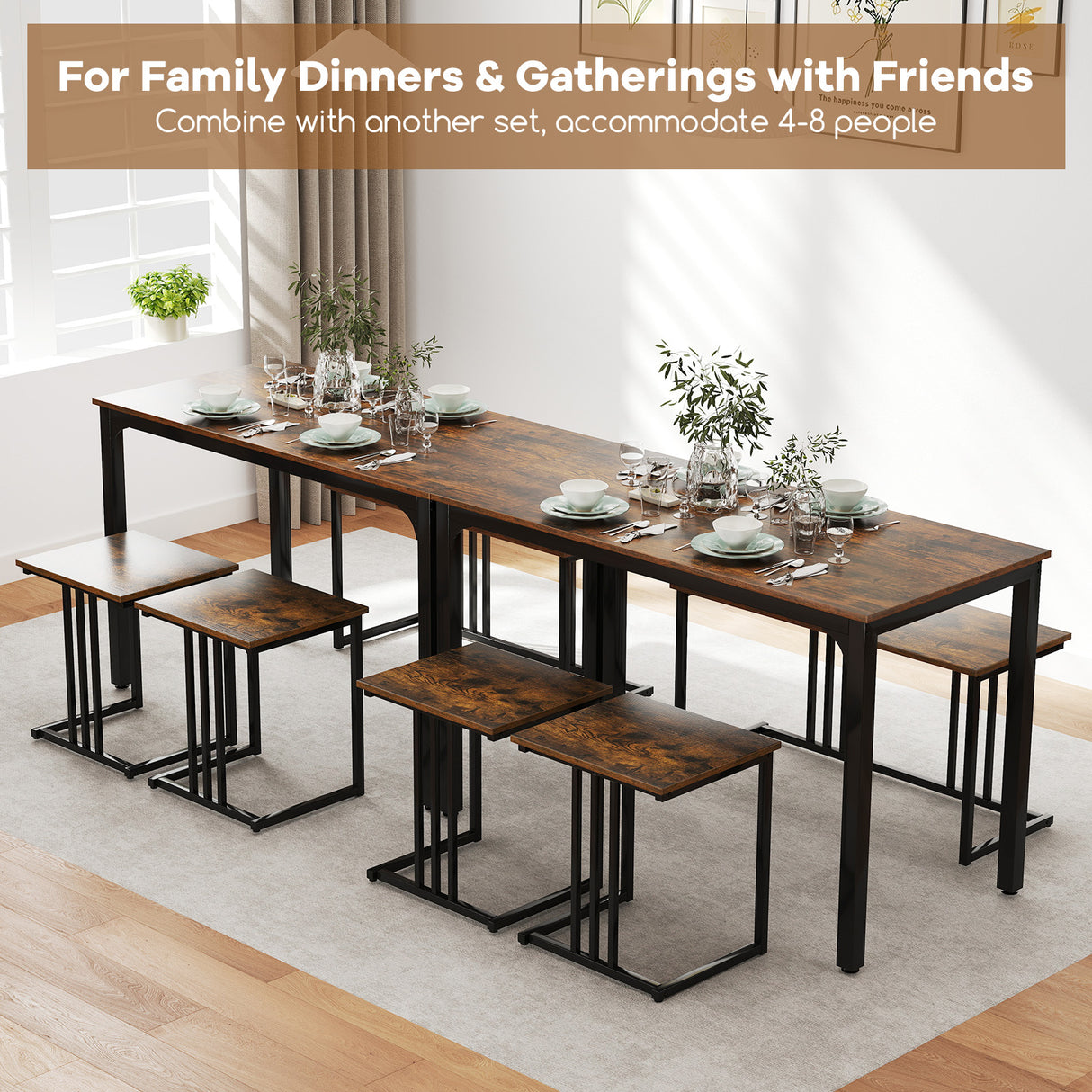 4 Pieces Industrial Dining Table Set with Bench and 2 Stools