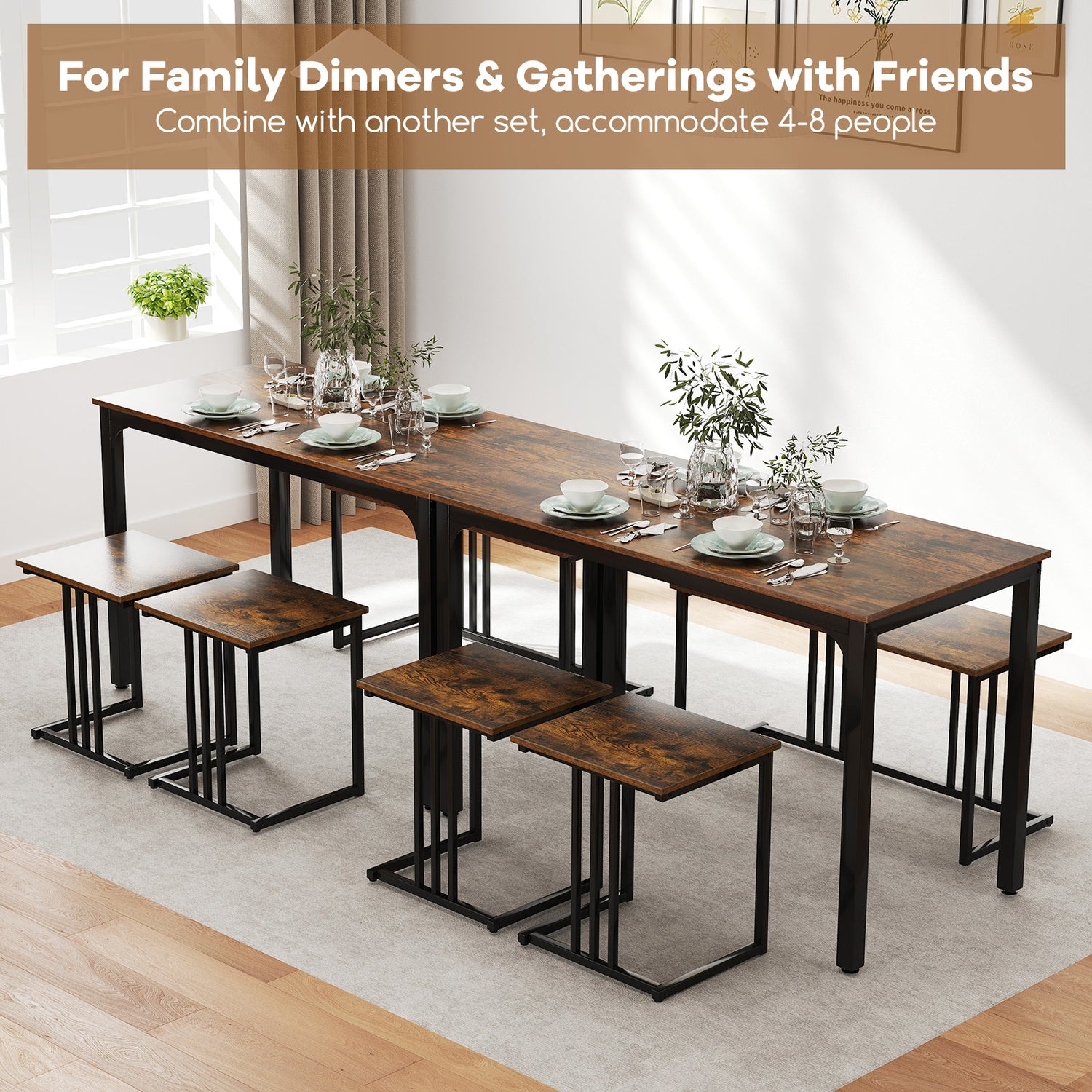 4 Pieces Industrial Dining Table Set with Bench and 2 Stools