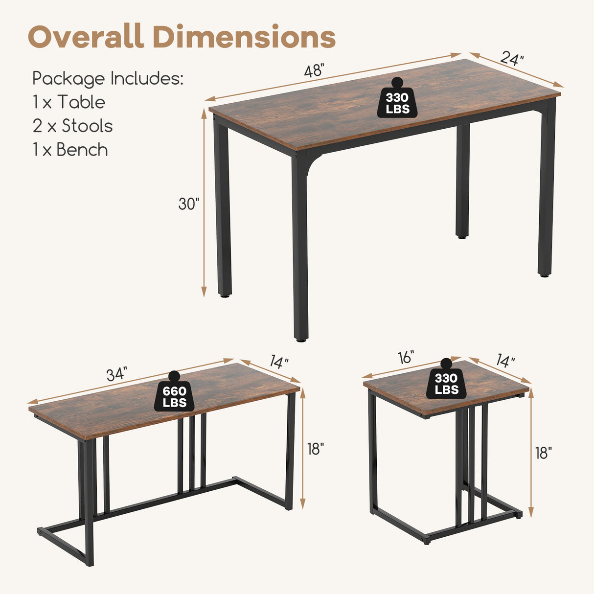 4 Pieces Industrial Dining Table Set with Bench and 2 Stools