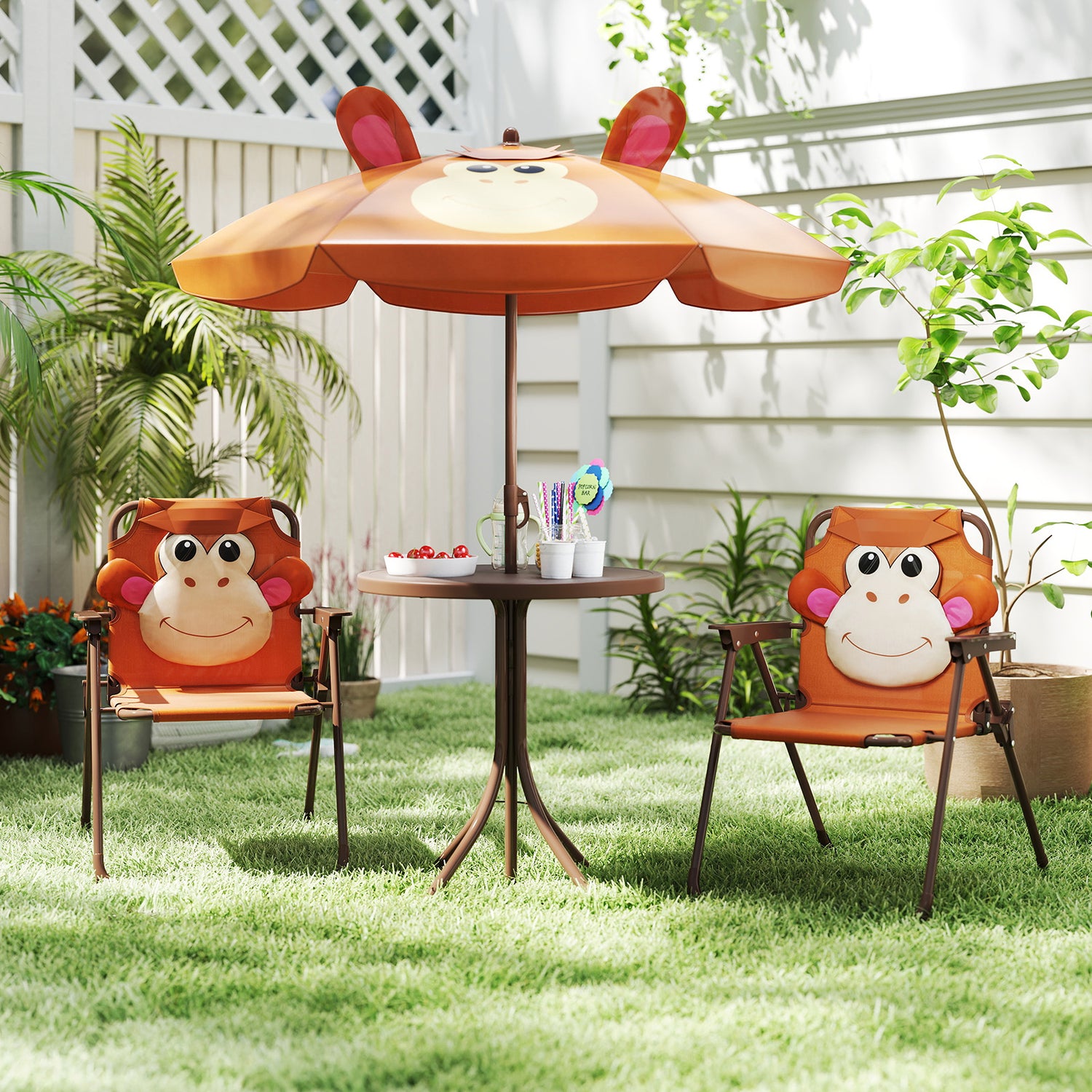 4 Pieces Kids Picnic Set with 2 Folding Chairs and Height Adjustable Umbrella
