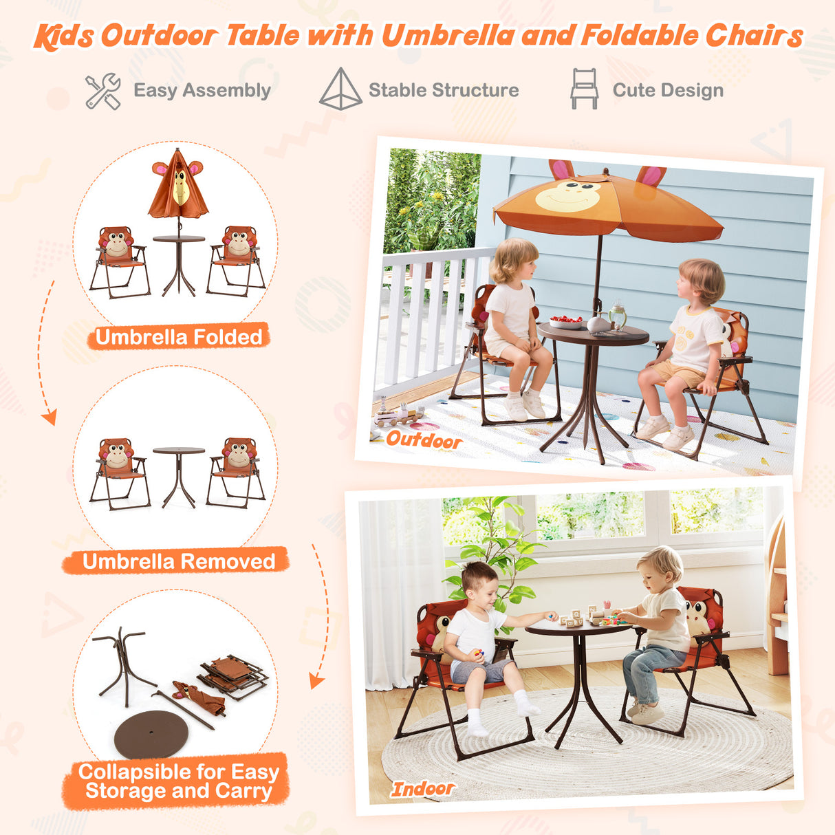 4 Pieces Kids Picnic Set with 2 Folding Chairs and Height Adjustable Umbrella