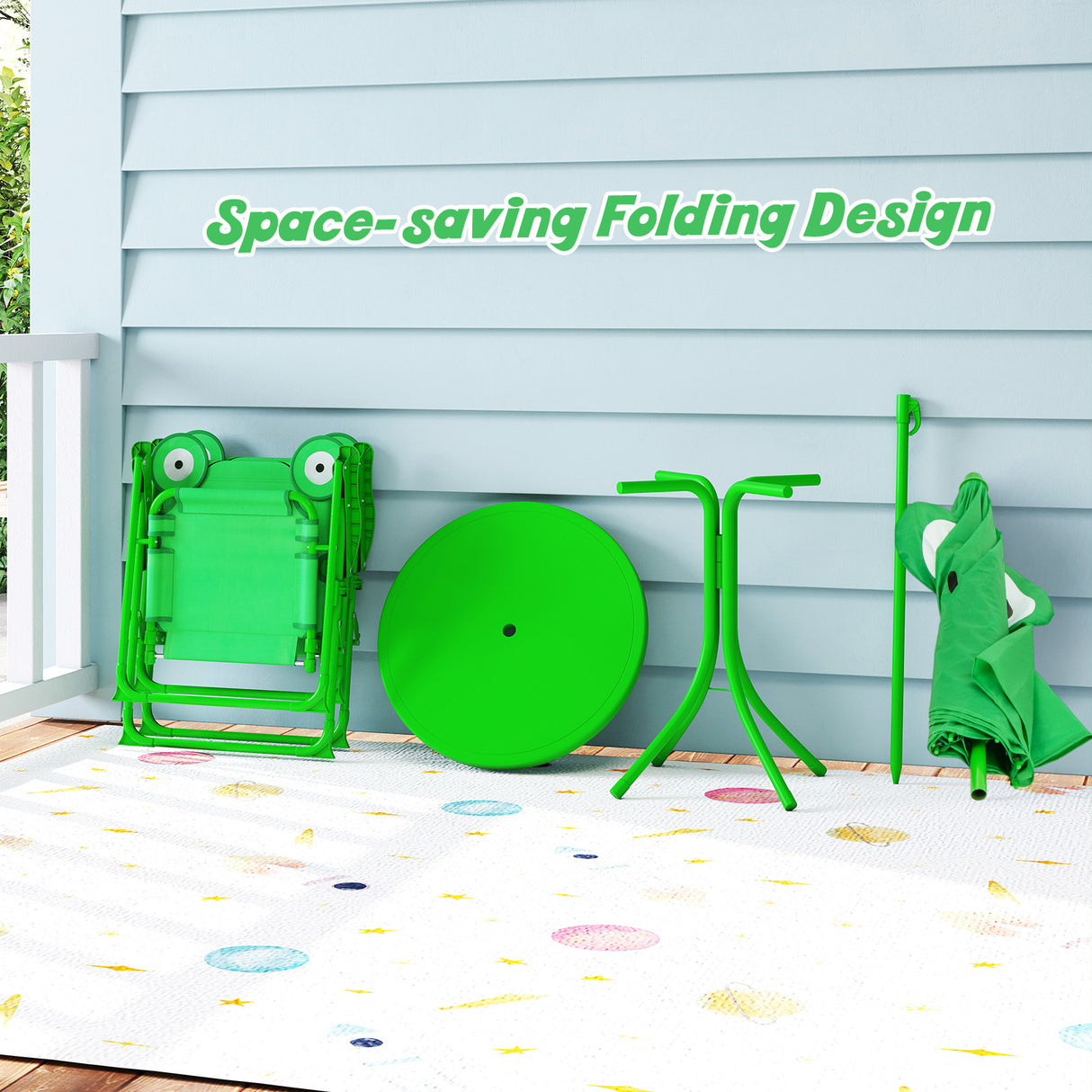 4 Pieces Kids Picnic Set with 2 Folding Chairs and Height Adjustable Umbrella