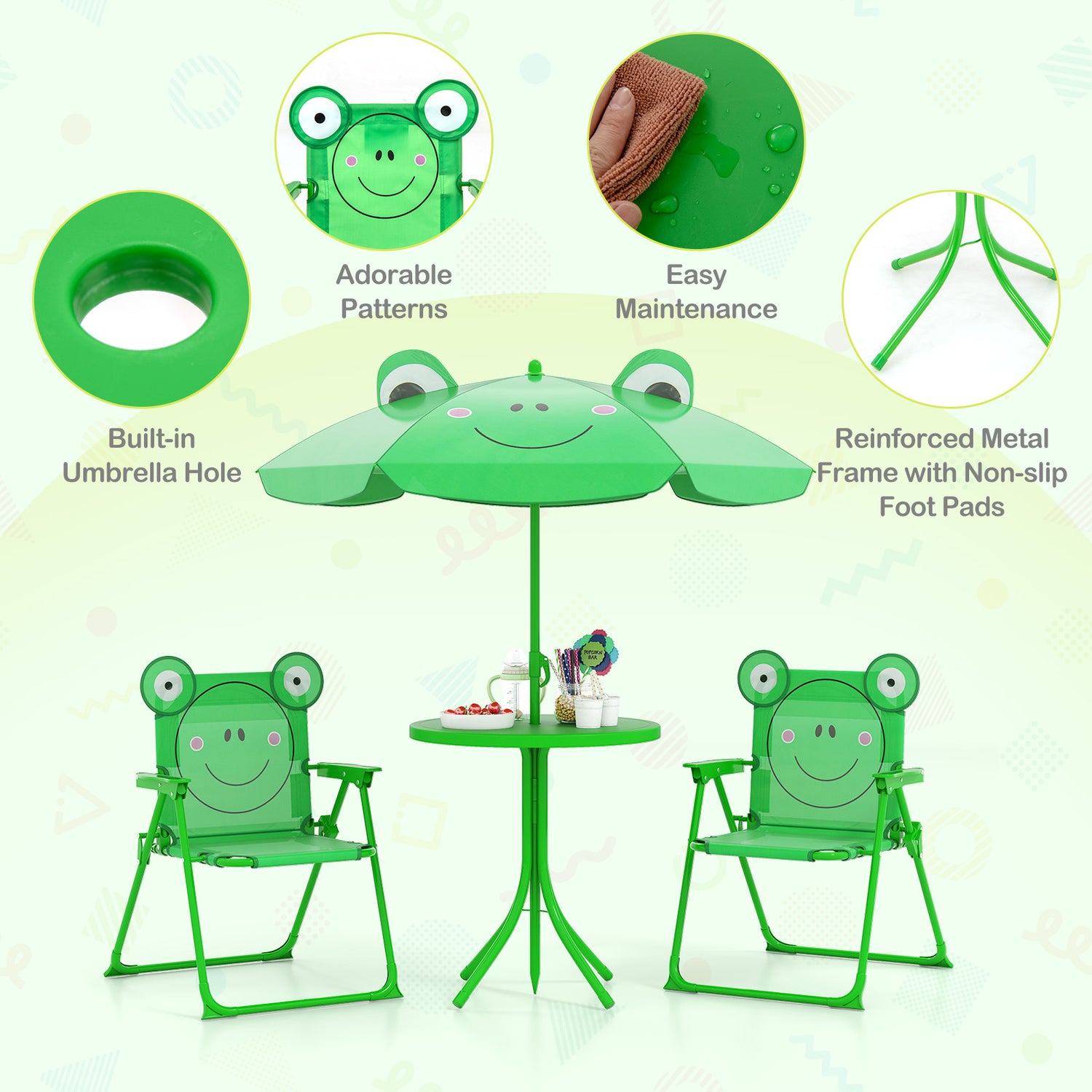 4 Pieces Kids Picnic Set with 2 Folding Chairs and Height Adjustable Umbrella