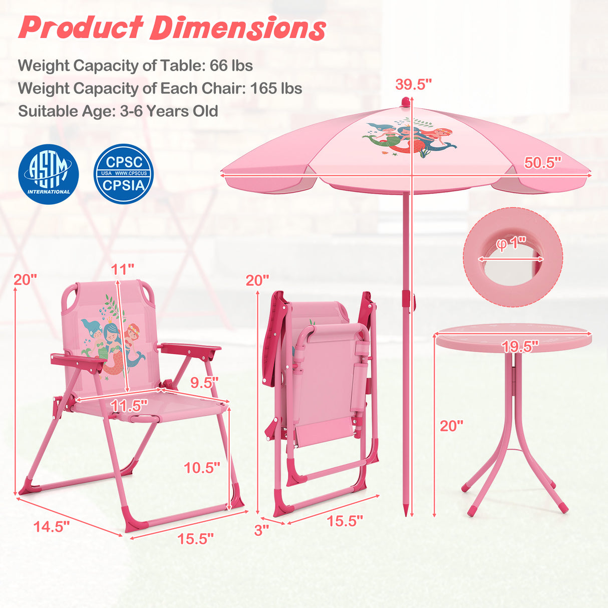 4 Pieces Kids Picnic Set with 2 Folding Chairs and Height Adjustable Umbrella