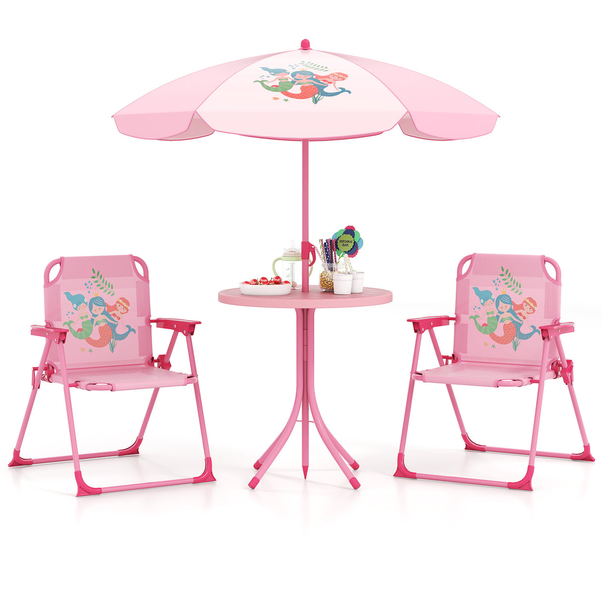 4 Pieces Kids Picnic Set with 2 Folding Chairs and Height Adjustable Umbrella