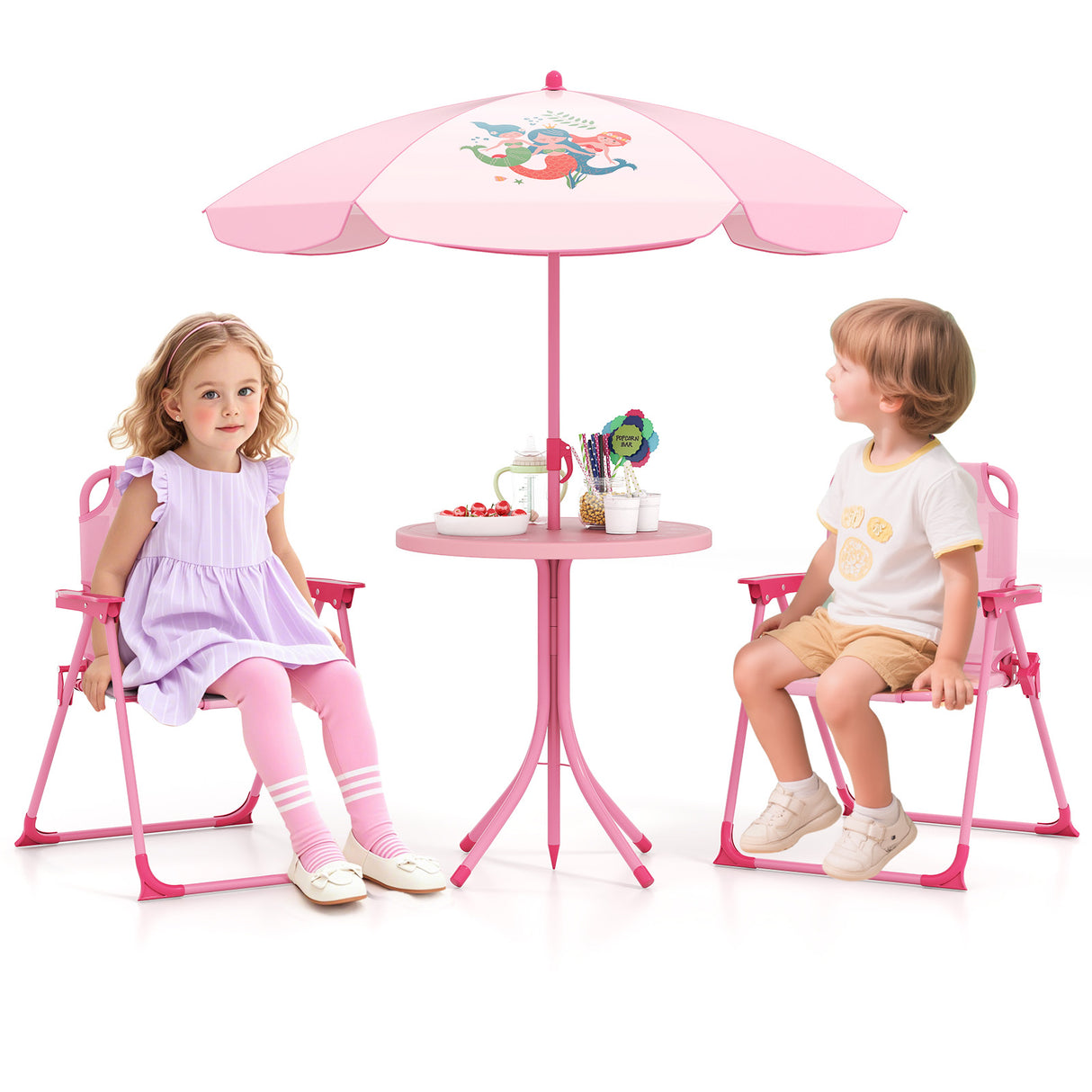 4 Pieces Kids Picnic Set with 2 Folding Chairs and Height Adjustable Umbrella