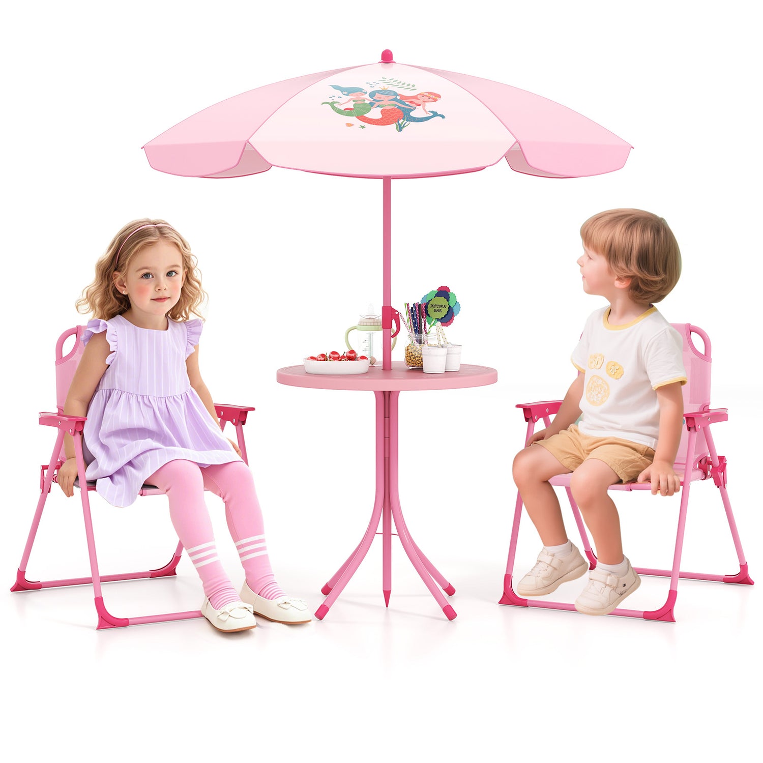 4 Pieces Kids Picnic Set with 2 Folding Chairs and Height Adjustable Umbrella