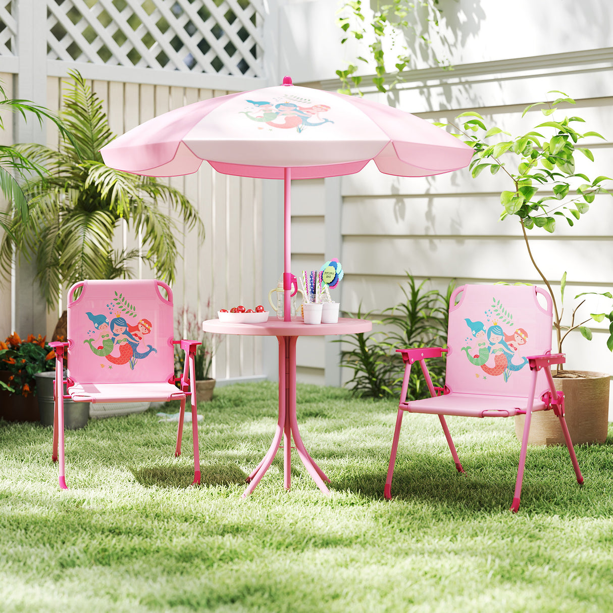 4 Pieces Kids Picnic Set with 2 Folding Chairs and Height Adjustable Umbrella