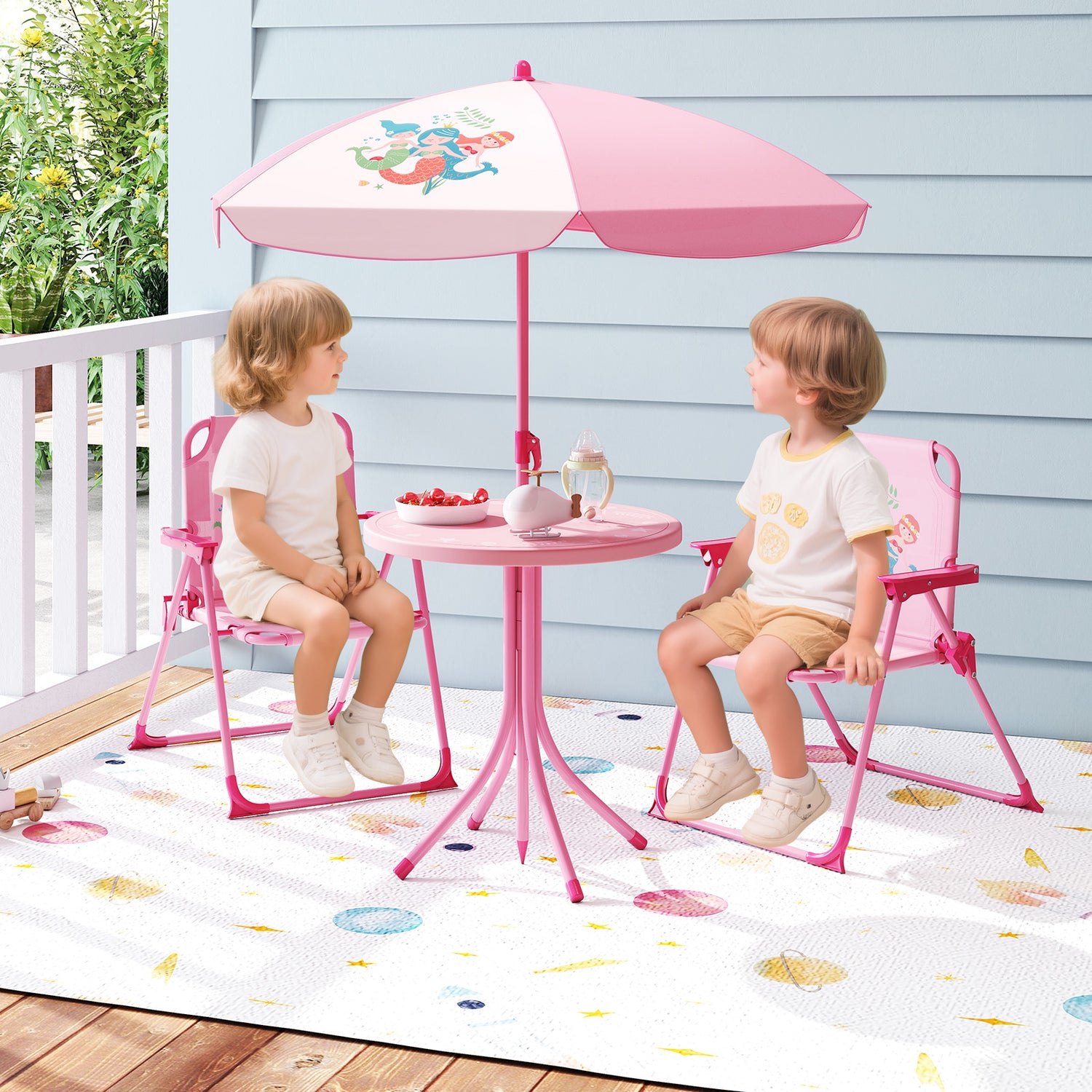 4 Pieces Kids Picnic Set with 2 Folding Chairs and Height Adjustable Umbrella