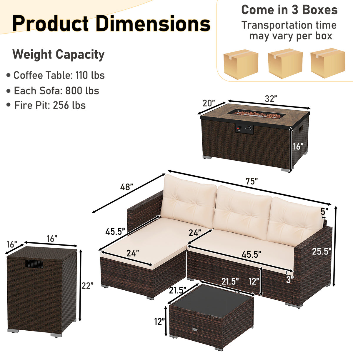 4 Pieces Outdoor Furniture Set with 32 Inch Fire Pit Table and Propane Tank Cover