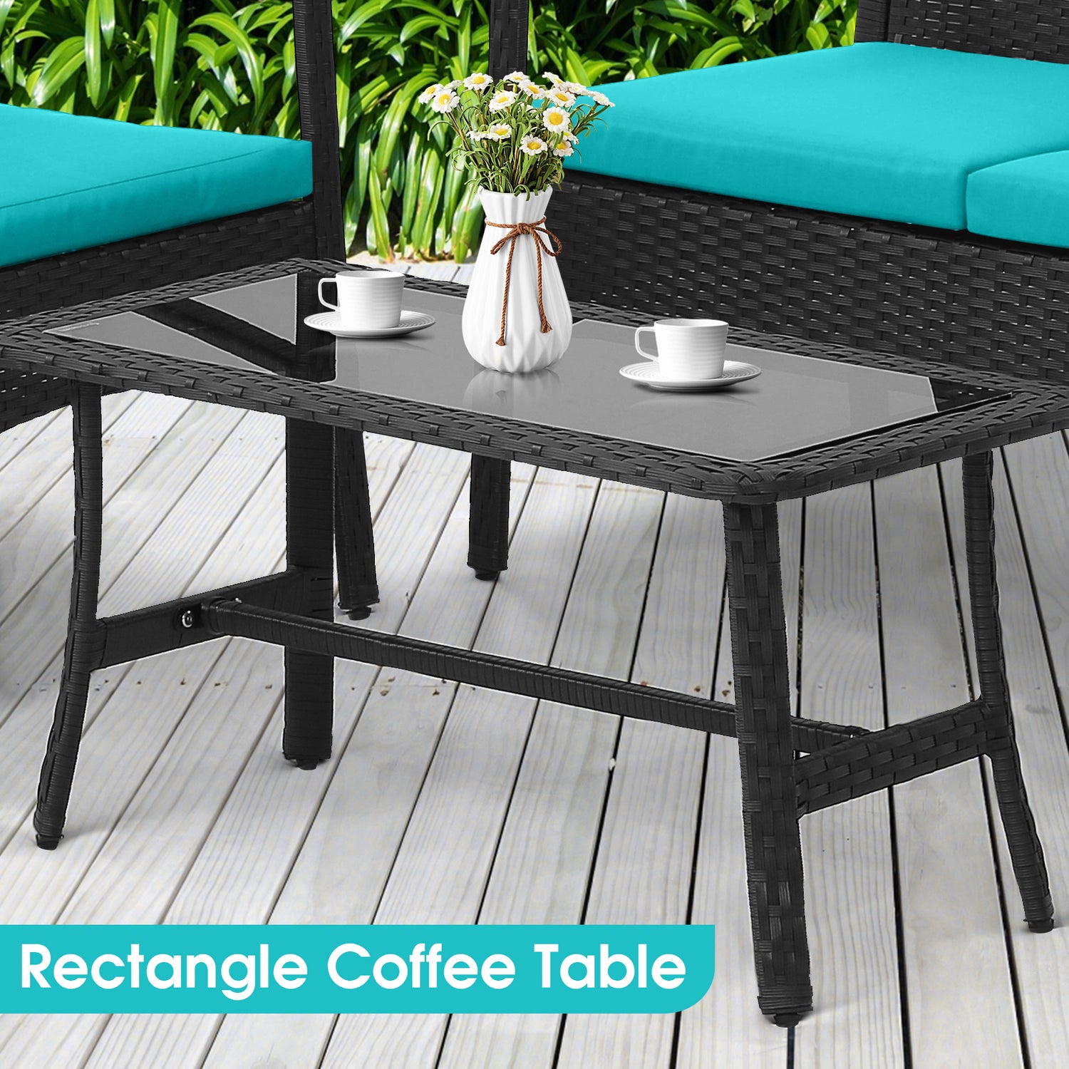 4 Pieces Rattan Conversation Set with Tempered Glass Coffee Table