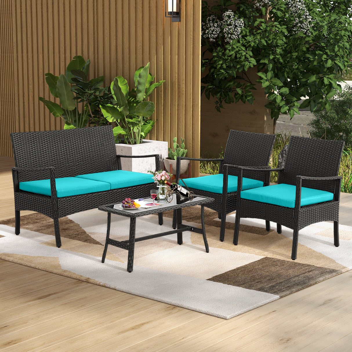 4 Pieces Rattan Conversation Set with Tempered Glass Coffee Table