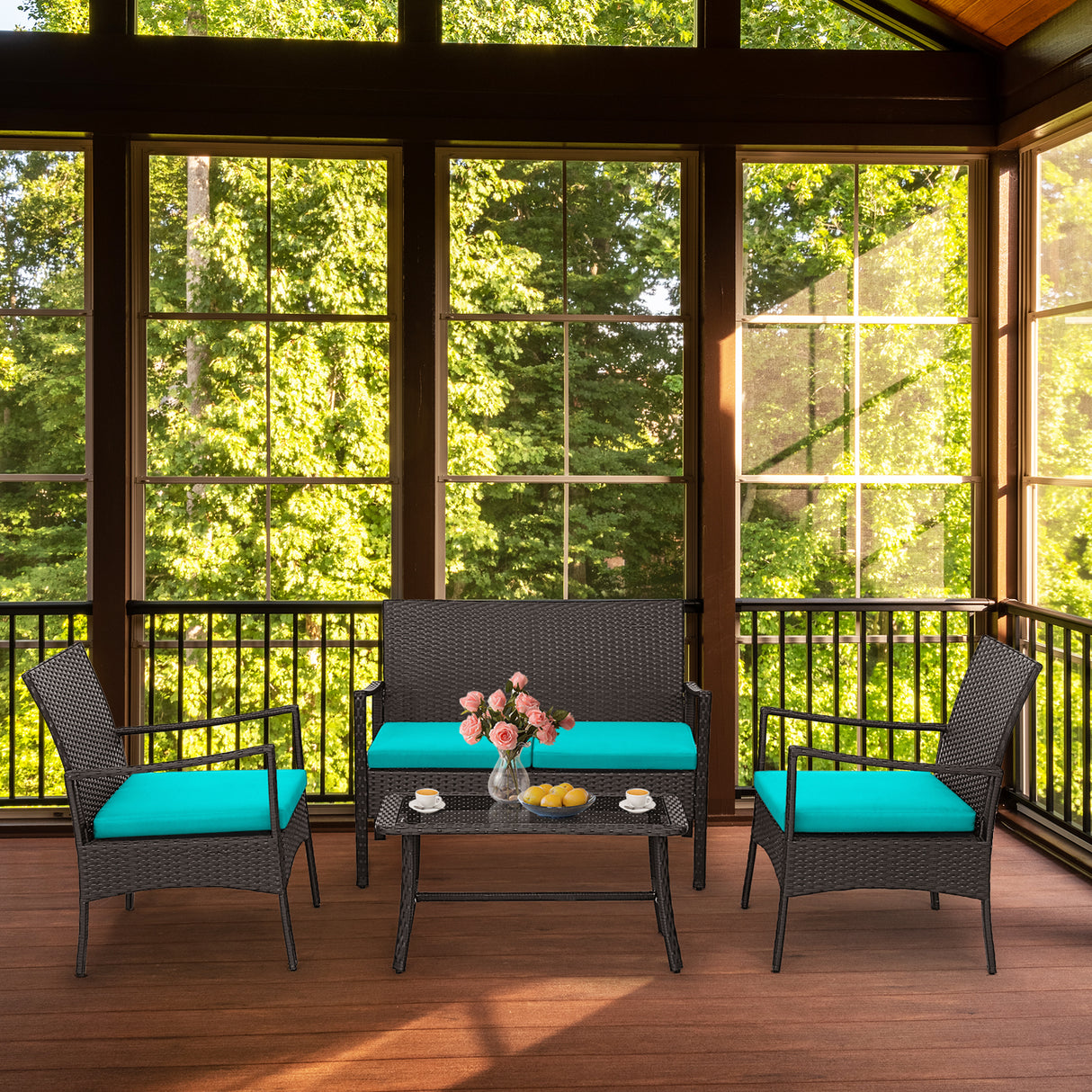 4 Pieces Rattan Conversation Set with Tempered Glass Coffee Table