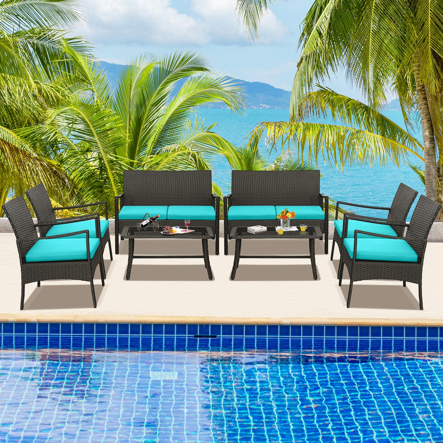 4 Pieces Rattan Conversation Set with Tempered Glass Coffee Table