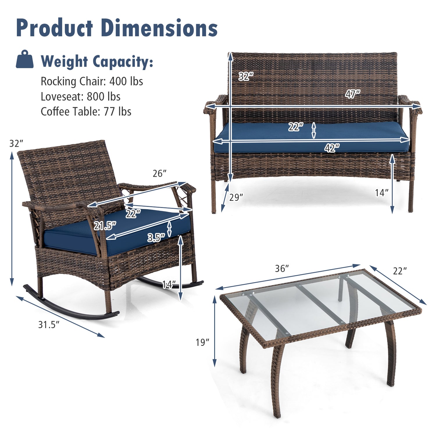 4 Pieces Wicker Rocking Set with Bungee Rope Seat for Porch Yard-Navy