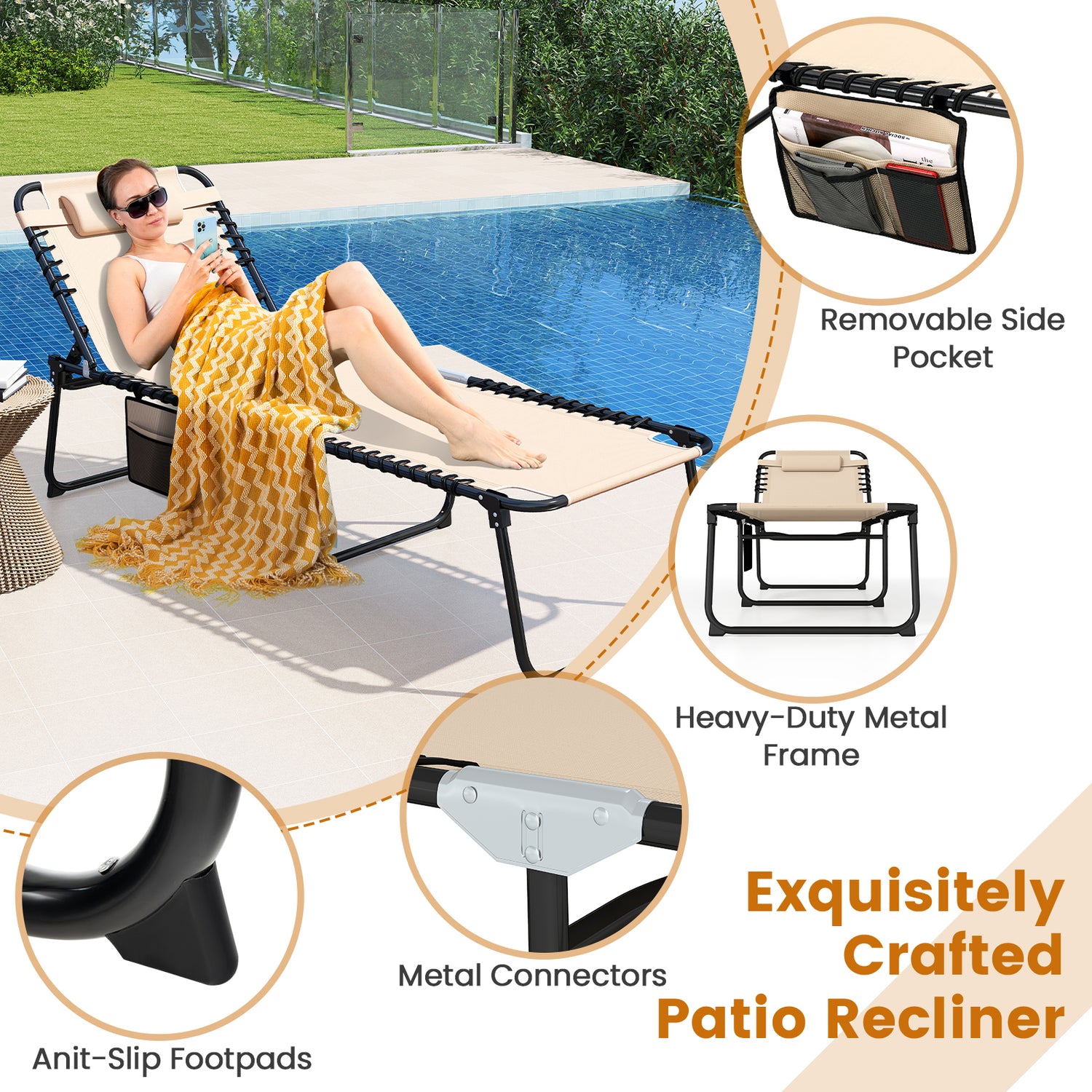 4 Position Folding Lounge Chaise with Adjustable Backrest and Footrest