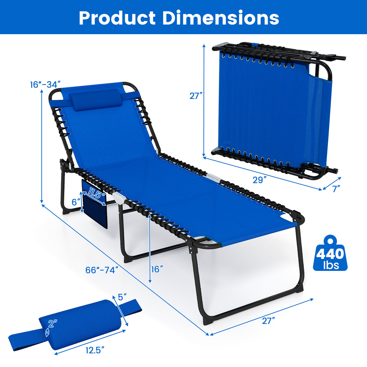 4 Position Folding Lounge Chaise with Adjustable Backrest and Footrest