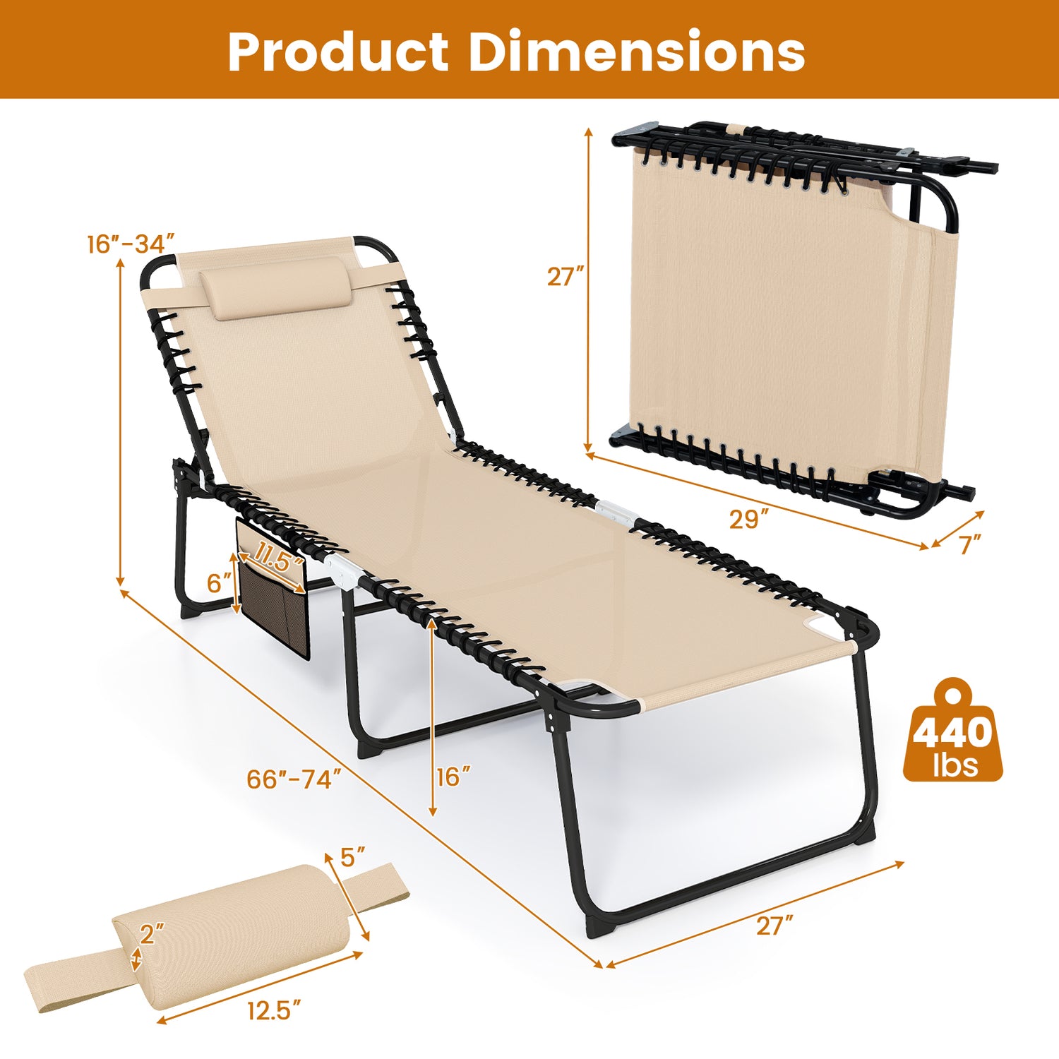 4 Position Folding Lounge Chaise with Adjustable Backrest and Footrest