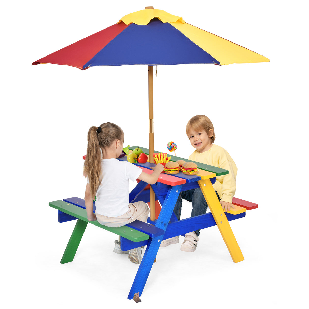 Outdoor 4-Seat Kid's Picnic Table Bench with Umbrella