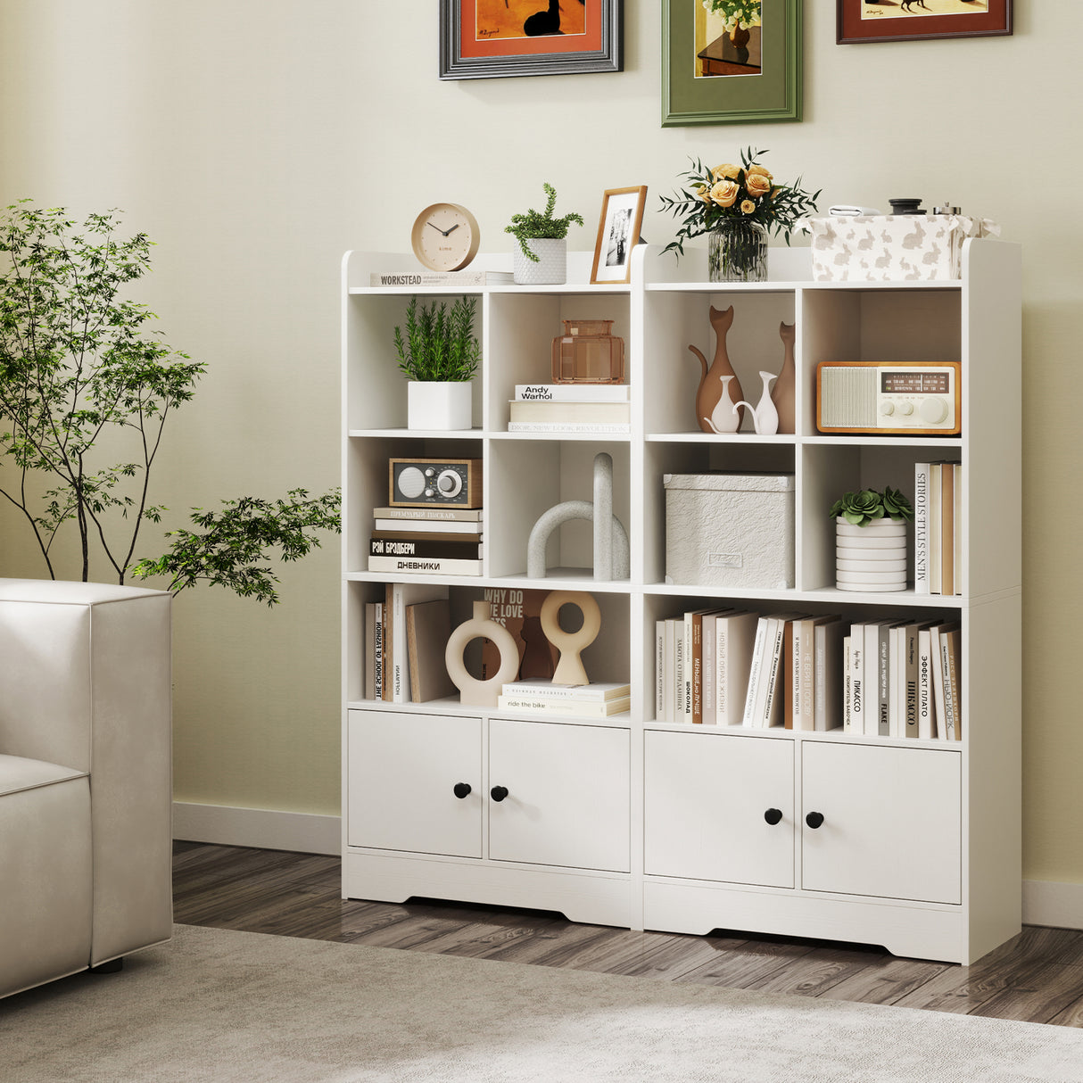 4 Tiers Bookshelf with 4 Cubes Display Shelf and 2 Doors