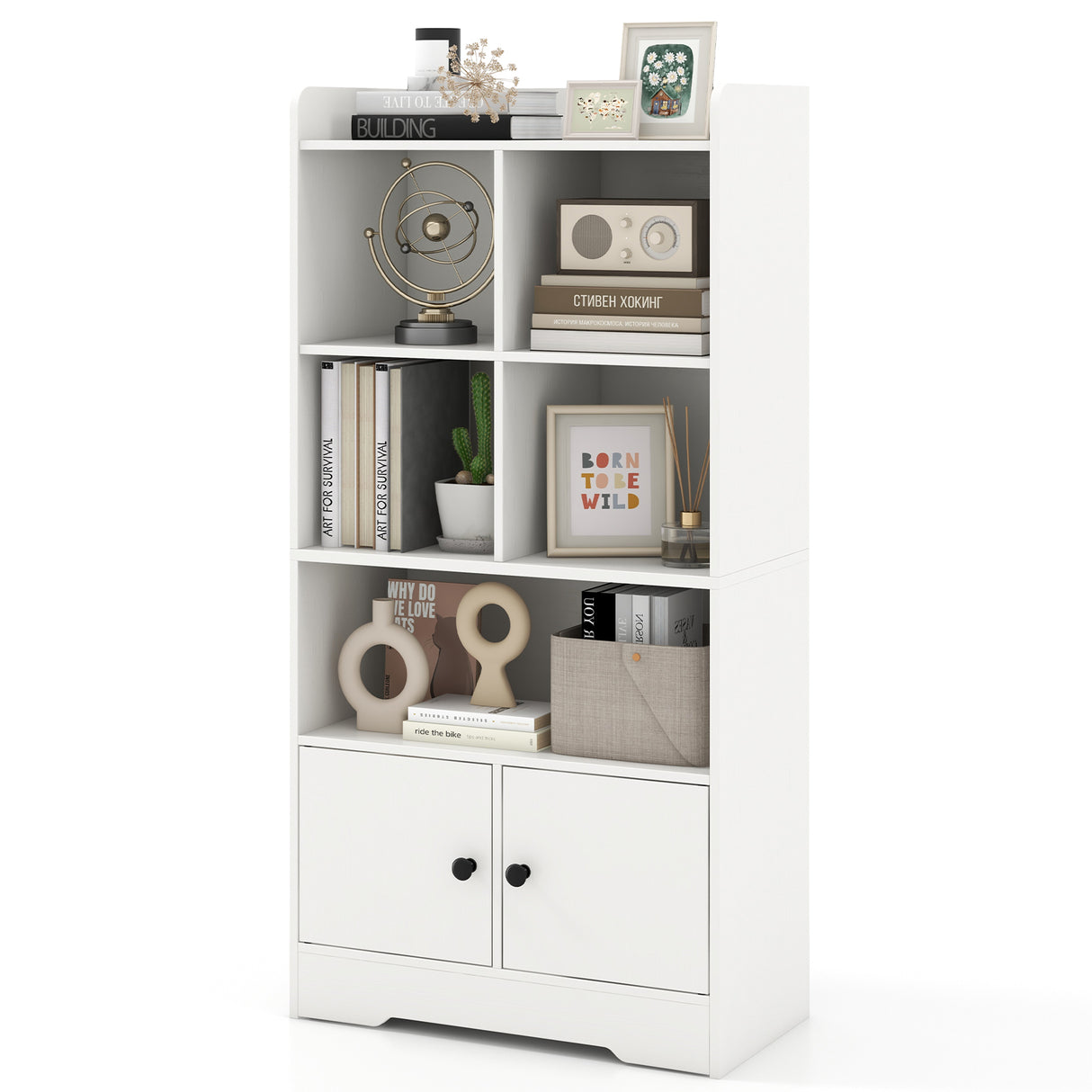 4 Tiers Bookshelf with 4 Cubes Display Shelf and 2 Doors