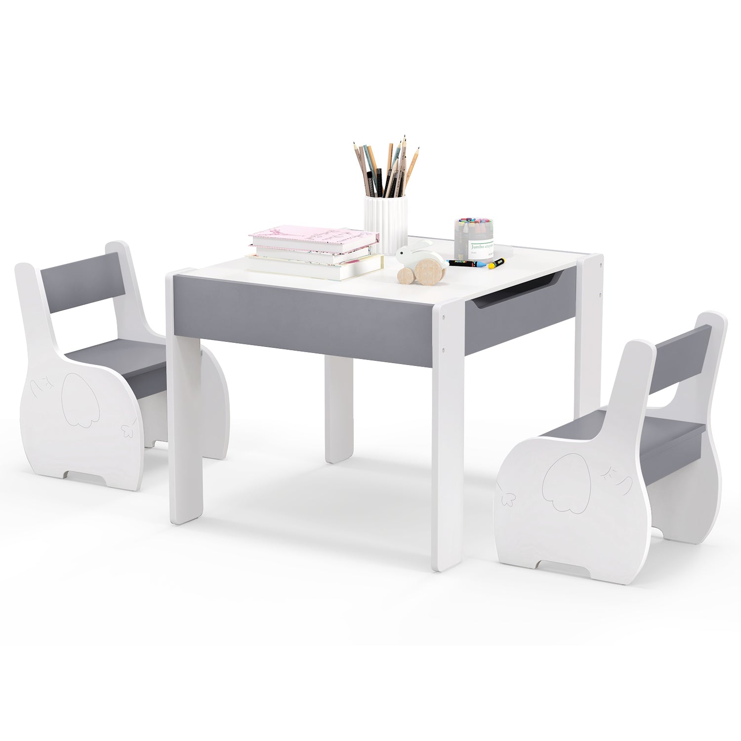 4-in-1 Wooden Activity Kids Table and Chairs with Storage and Detachable Blackboard