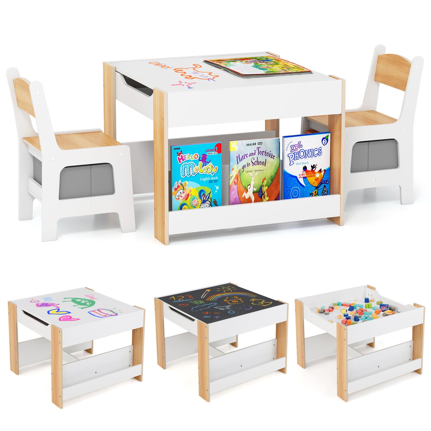 4 in 1 Kids Toddler Activity Table and Chairs Set with Reversible Tabletop