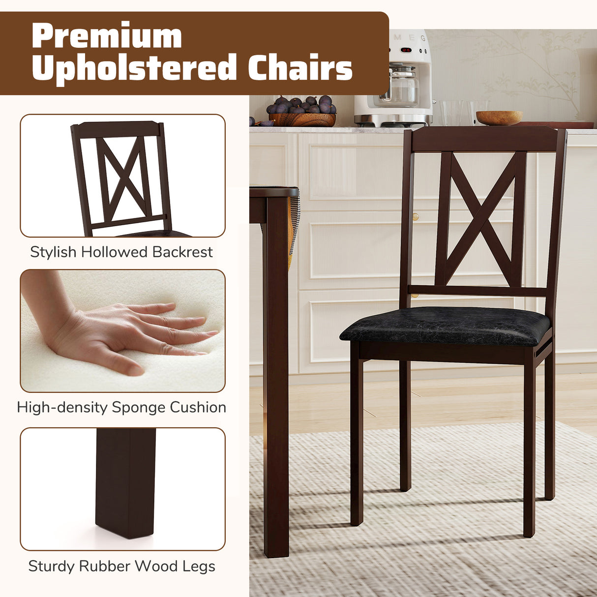 5-Piece Dining Table Set with Wide Tabletop and Rubber Wood Legs-Black