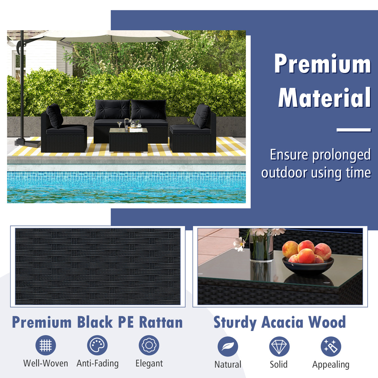 5-Piece Outdoor Patio Furniture Set with Cushions and Coffee Table