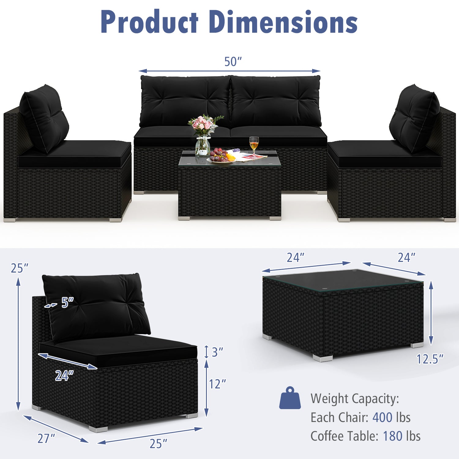 5-Piece Outdoor Patio Furniture Set with Cushions and Coffee Table