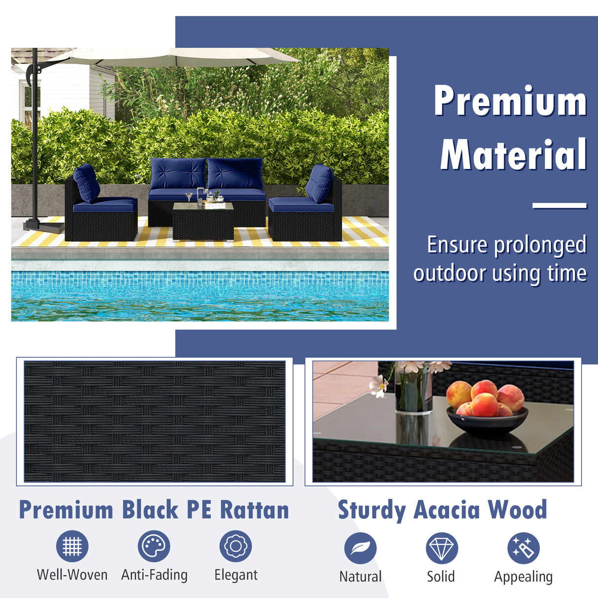 5-Piece Outdoor Patio Furniture Set with Cushions and Coffee Table