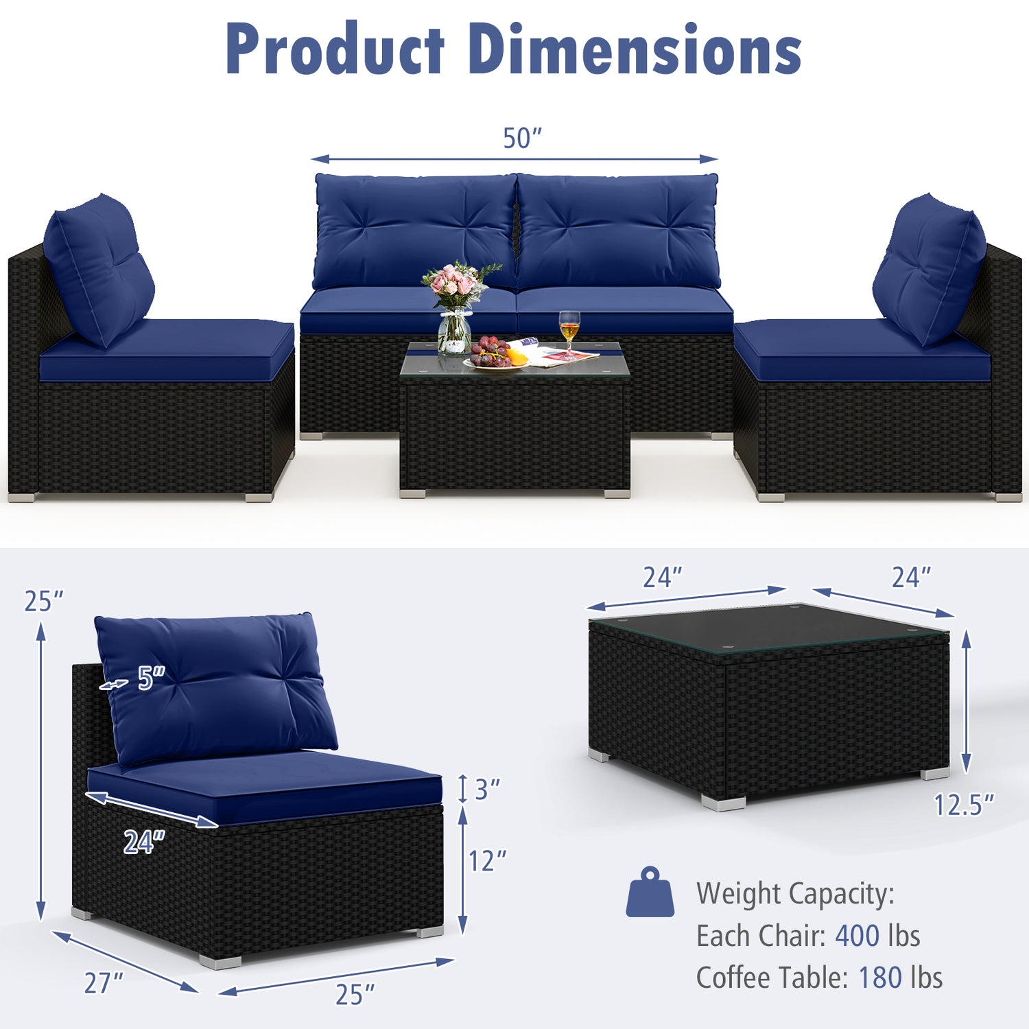 5-Piece Outdoor Patio Furniture Set with Cushions and Coffee Table