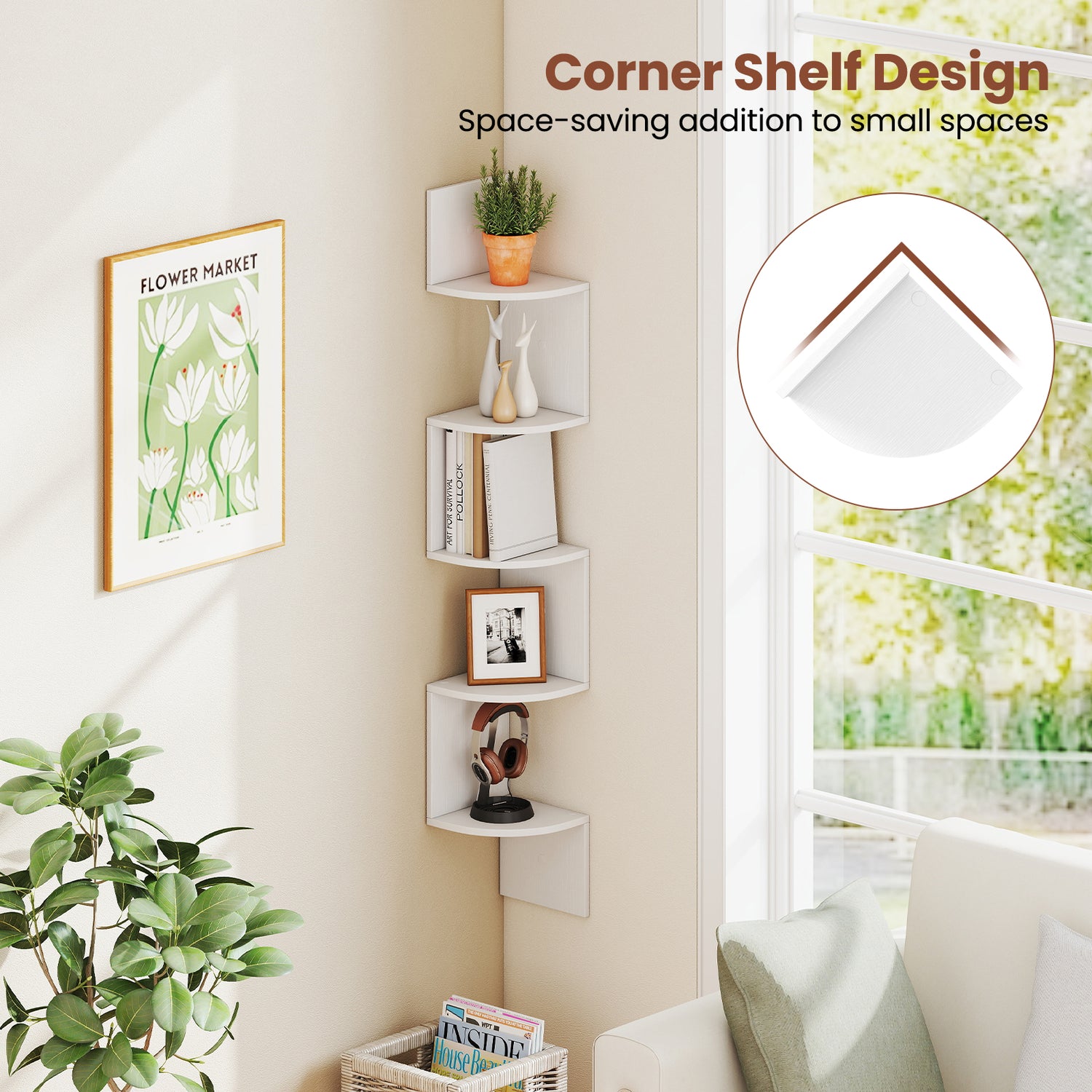 5-Tier Corner Shelf Floating Bookshelf Wall Mounted Storage Organizer