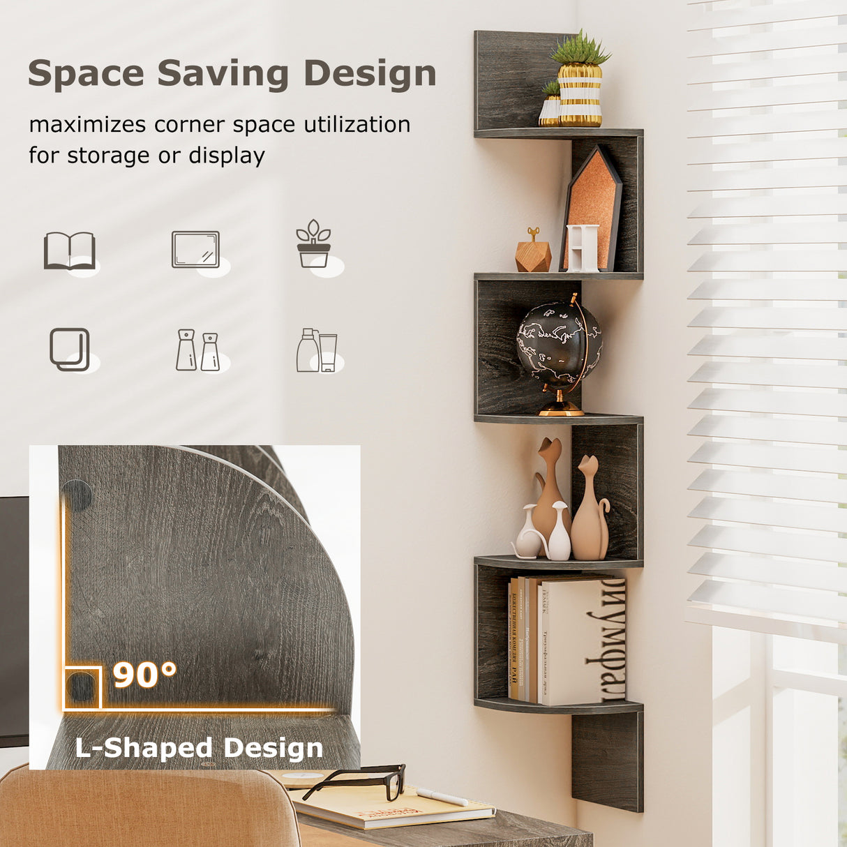 5-Tier Corner Shelf Floating Bookshelf Wall Mounted Storage Organizer