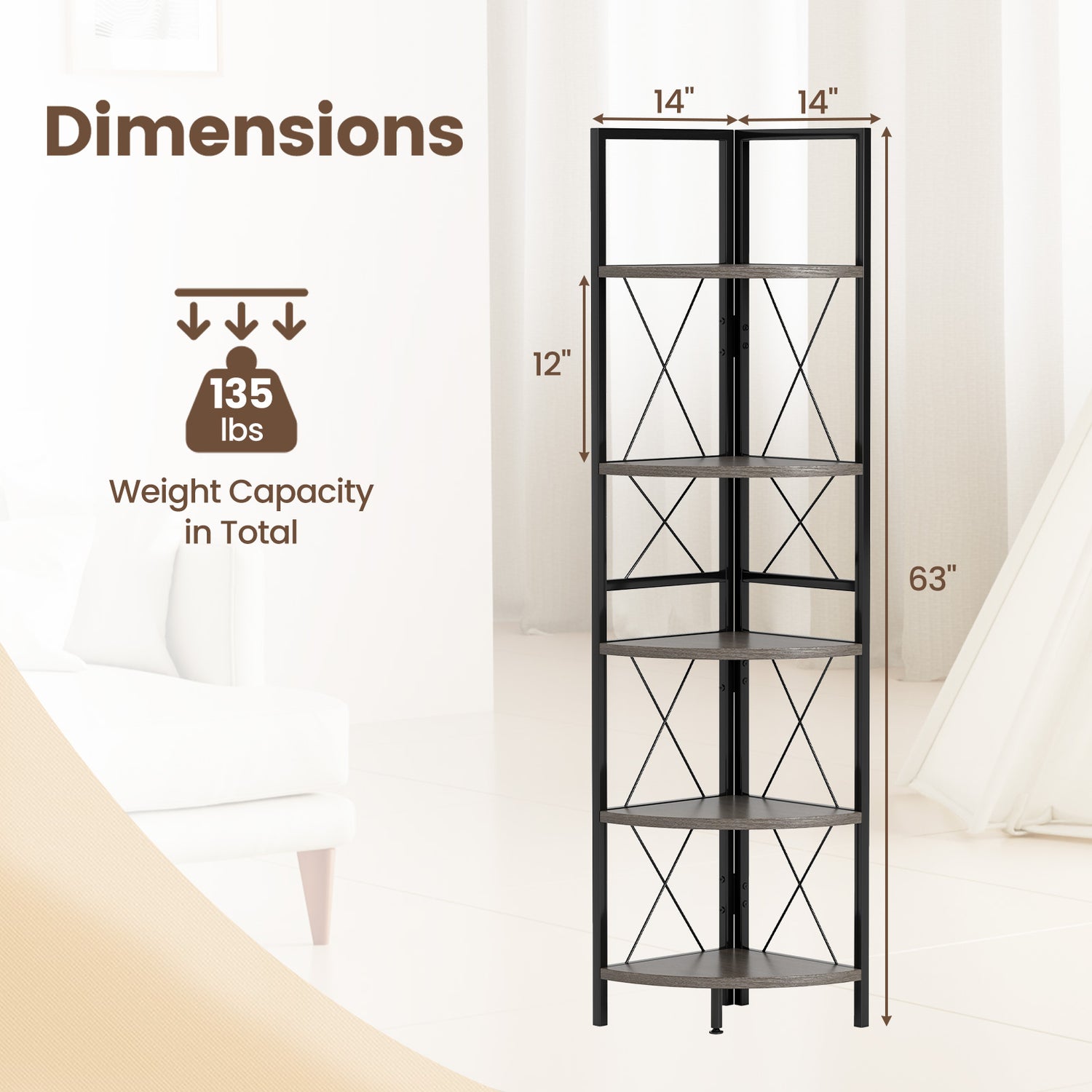 5-Tier Freestanding Corner Shelf 63 Inch Tall Storage Rack