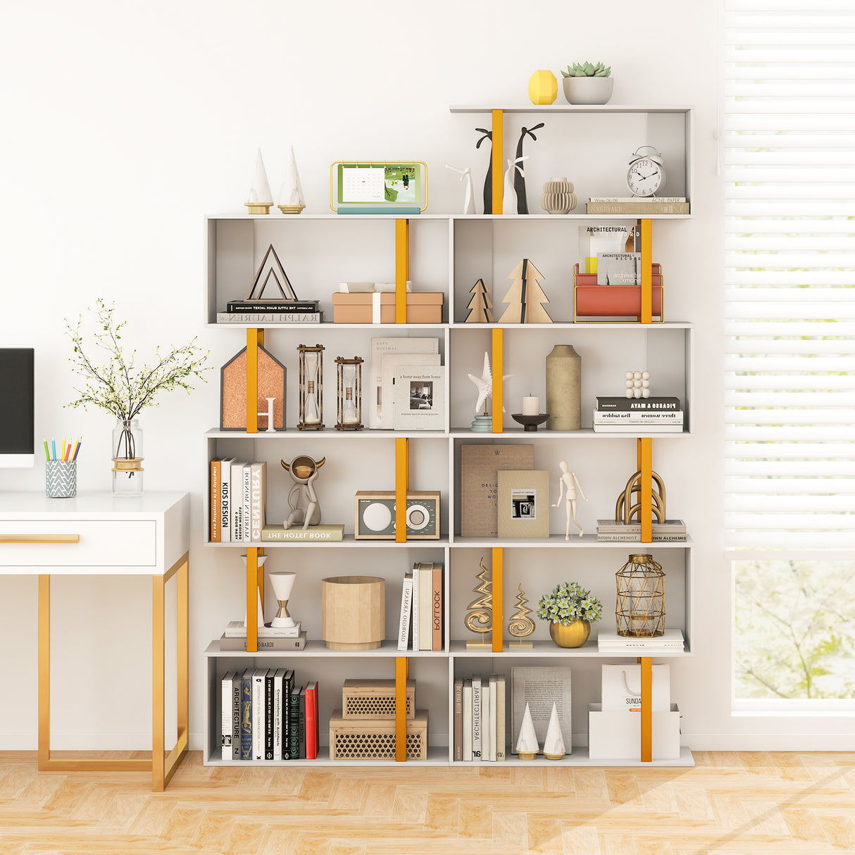 5-Tier/6-Tier Geometric Bookcase with Metal Frame and Anti-tipping Kits-5
