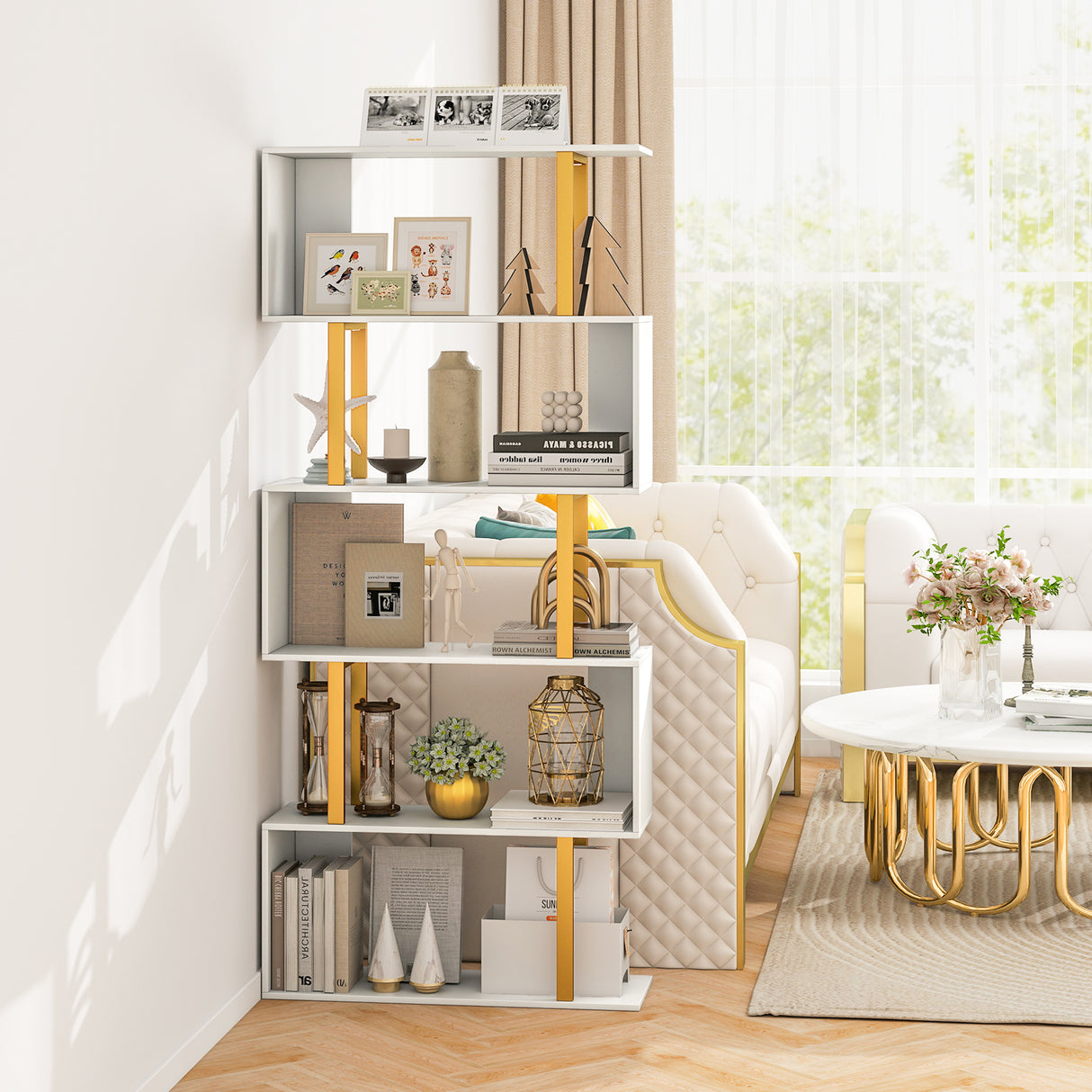 5-Tier/6-Tier Geometric Bookcase with Metal Frame and Anti-tipping Kits-5