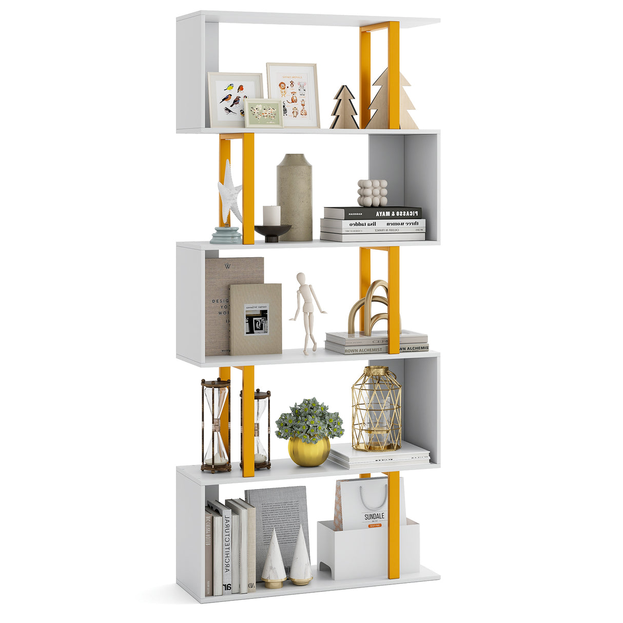 5-Tier/6-Tier Geometric Bookcase with Metal Frame and Anti-tipping Kits-5