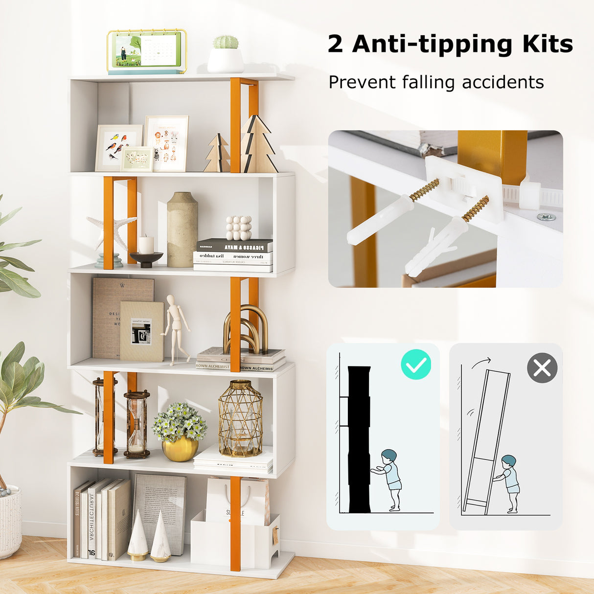 5-Tier/6-Tier Geometric Bookcase with Metal Frame and Anti-tipping Kits-5