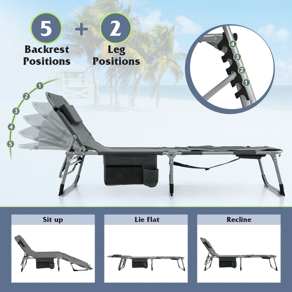 5-position Outdoor Folding Chaise Lounge Chair