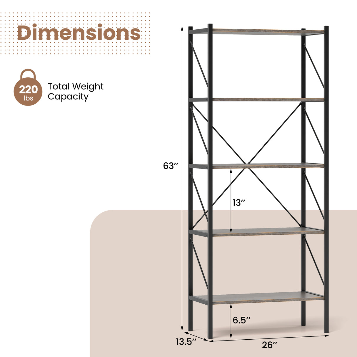 5-Tier Bookshelf with Open Shelves and Heavy Duty Metal Frame