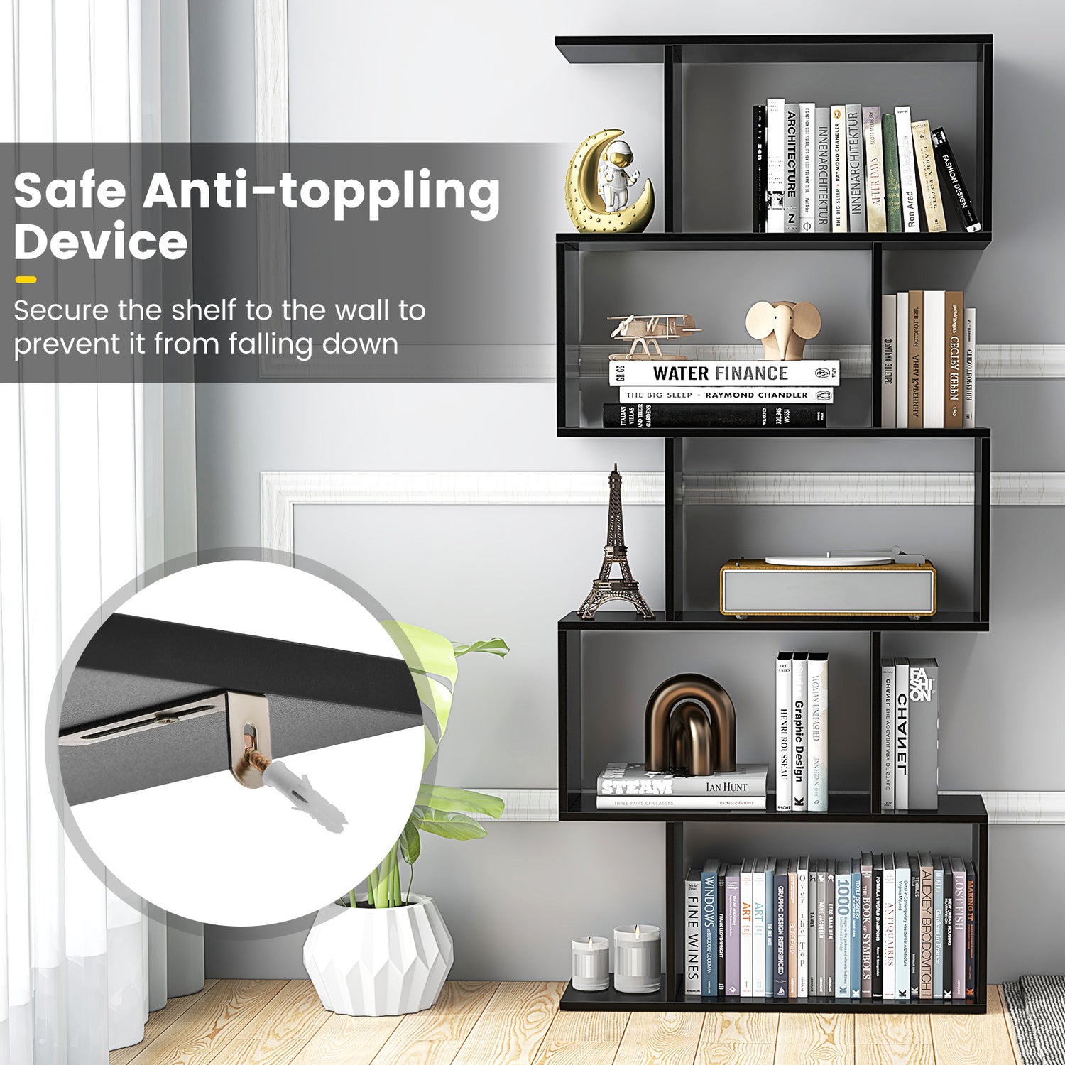 5-Tier Bookshelf with Anti-Toppling Device for Living Room Home Office