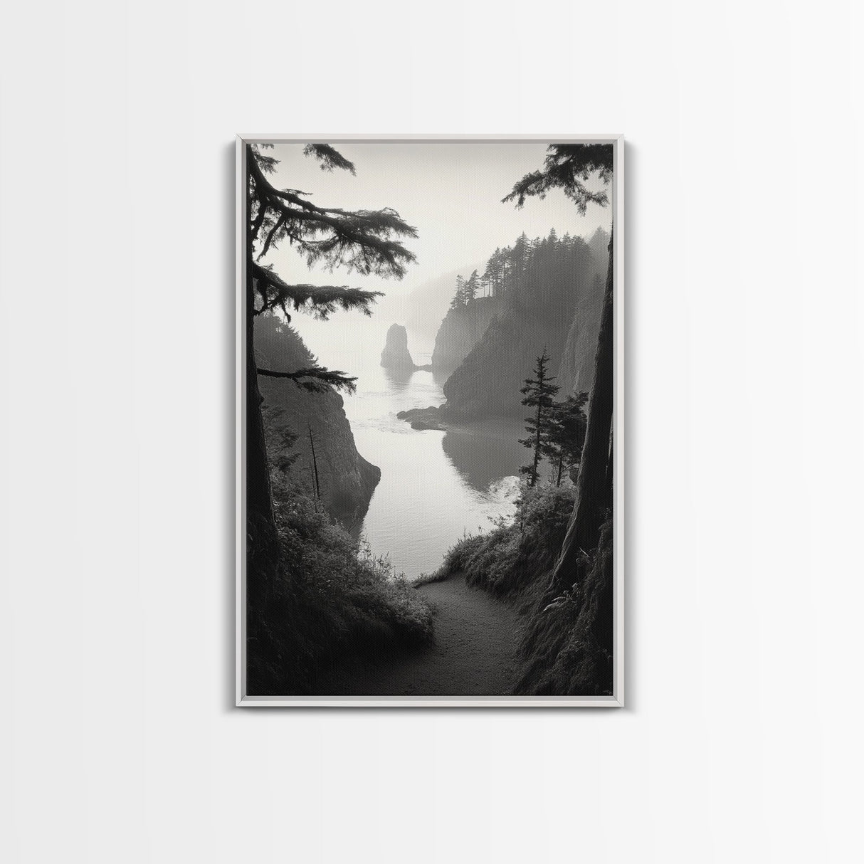 Forest Cliffs, Ocean Pathway, Misty Coast, Woodland Escape, Framed Canvas Print, Cabin Wall Art, Nature Trail Aesthetic, Autumn Mood Art