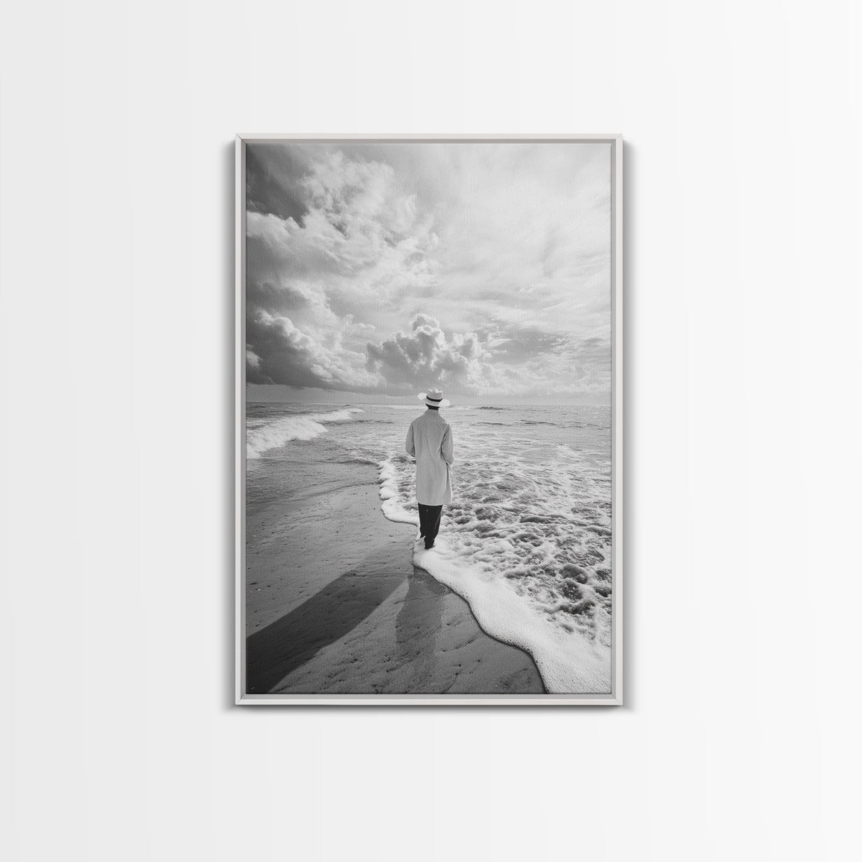 Man On Shore, Thoughtful Walk, Ocean Wanderer, Framed Canvas Print, Minimalist Fall Art, Bedroom Decor, Moody Coastal Scene