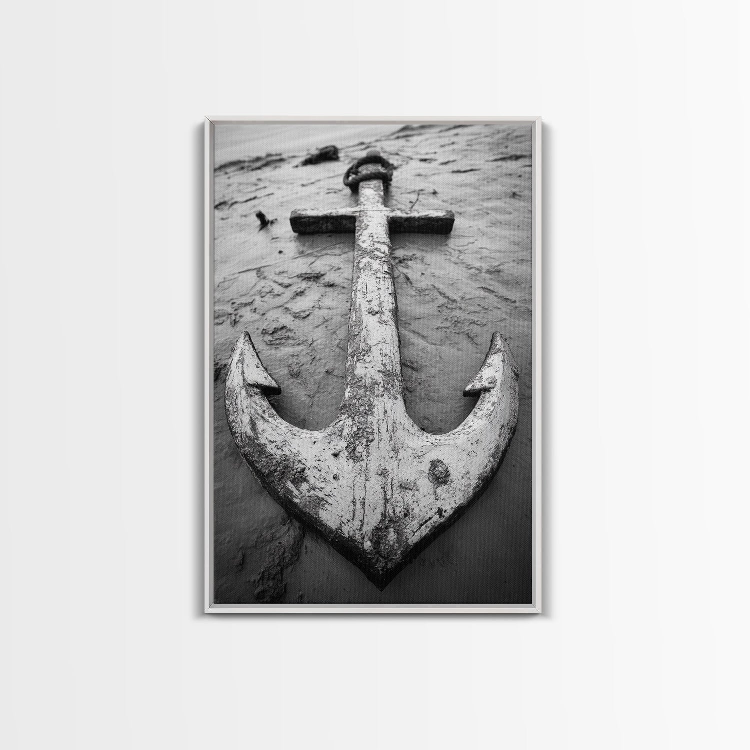 Abandoned Anchor, Nautical Decor, Black White Beach, Framed Canvas Print, Rustic Coastal Wall Art, Entryway Nautical Accent