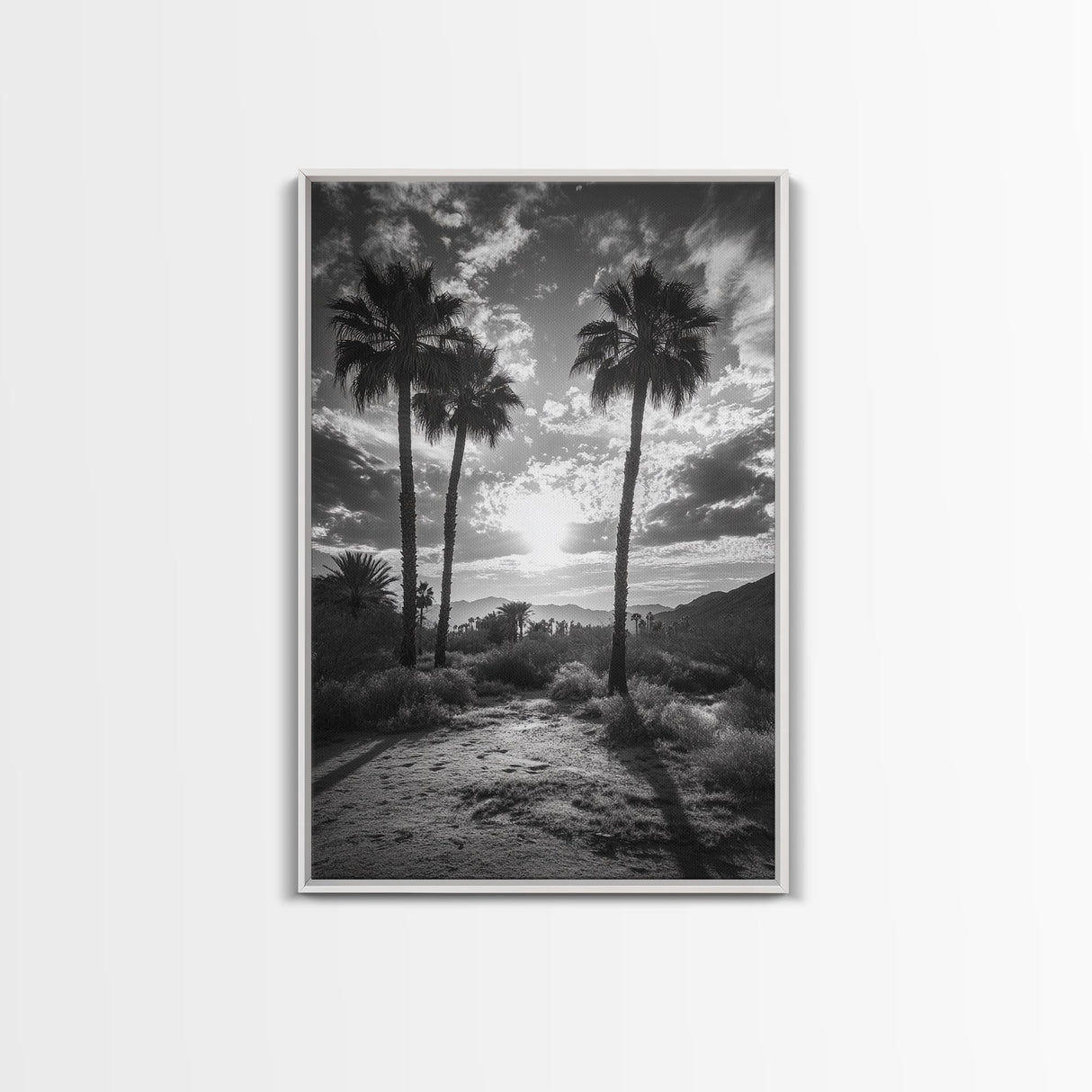 Palm Sunset, Desert Light, Silhouetted Trees, Framed Canvas Print, Tropical Boho Wall Art, Sunset Living Room Decor, Moody Nature Style