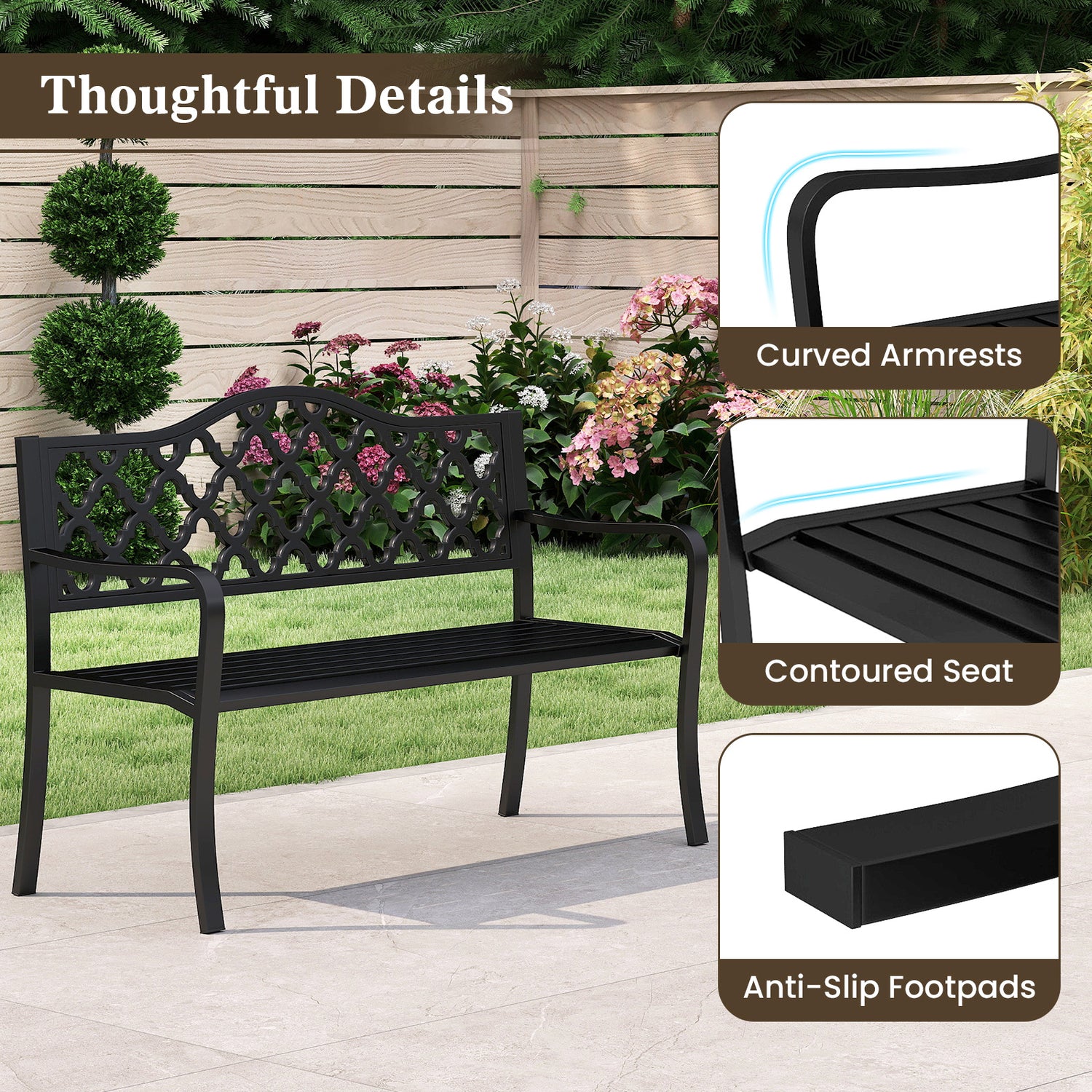 50.5 Inch Patio Bench with Curved Armrests for 2-3 People-Black