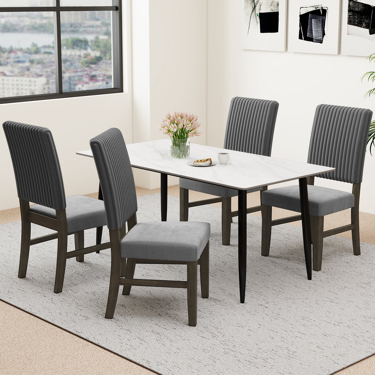 Dining Chair Set of 2 Mid-Century Modern Velvet Fabric Upholstered Chairs-Grey