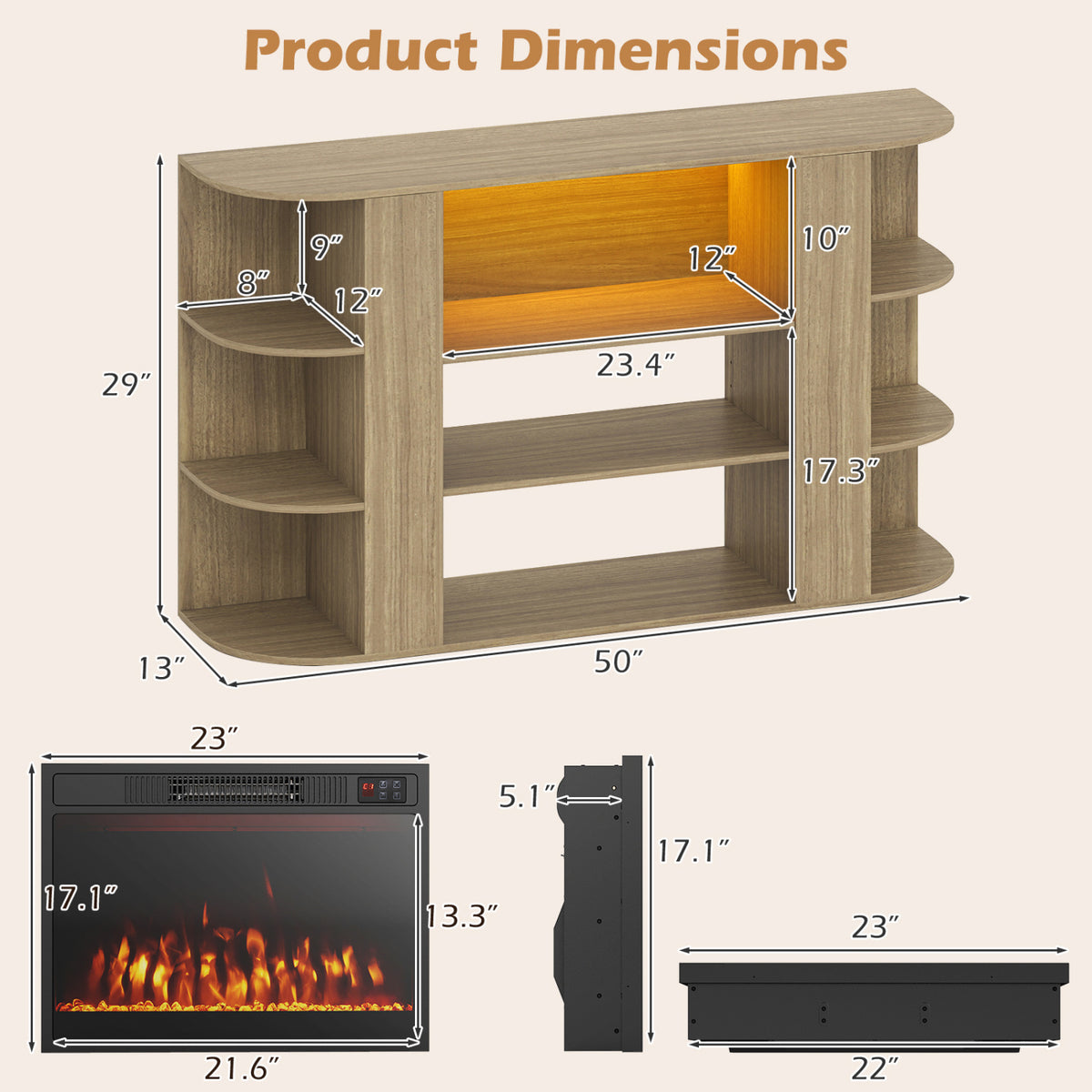 50â Fireplace TV Stand with RGB Lights and 23â Electric Fireplace for Living Room
